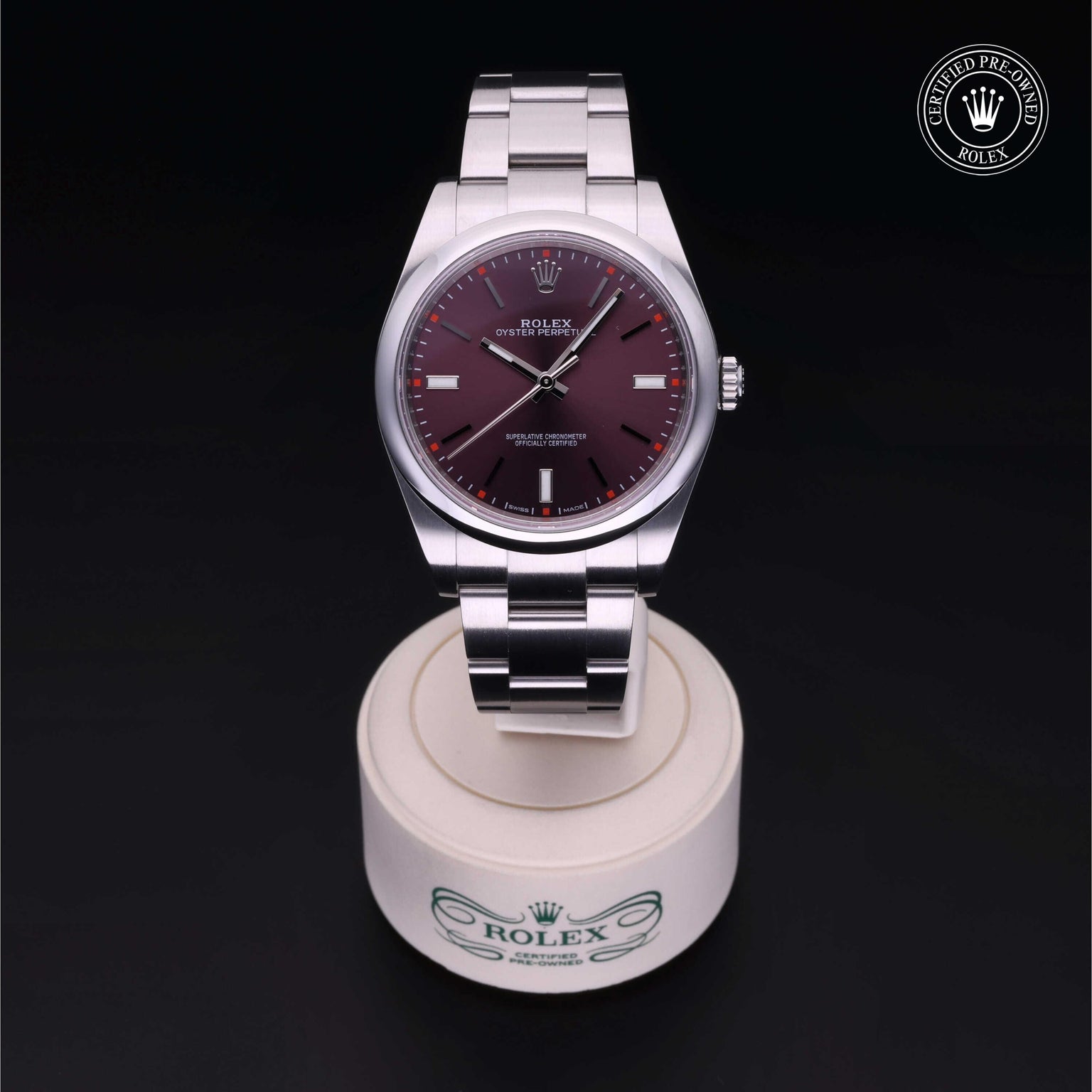 Rolex Certified Pre-owned Oyster Perpetual M114300-0002 front on black background