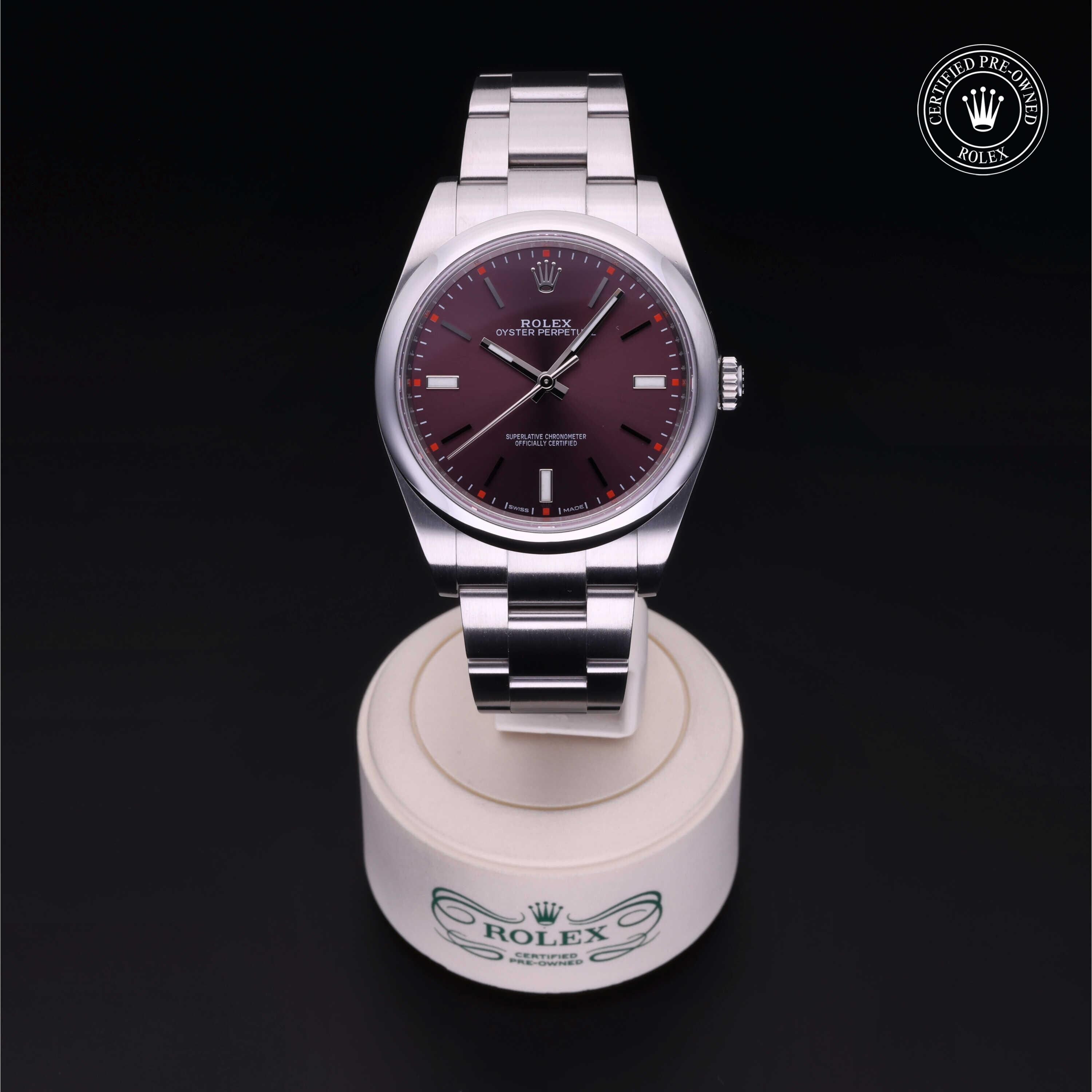Rolex Certified Pre-owned Oyster Perpetual M114300-0002 front on black background
