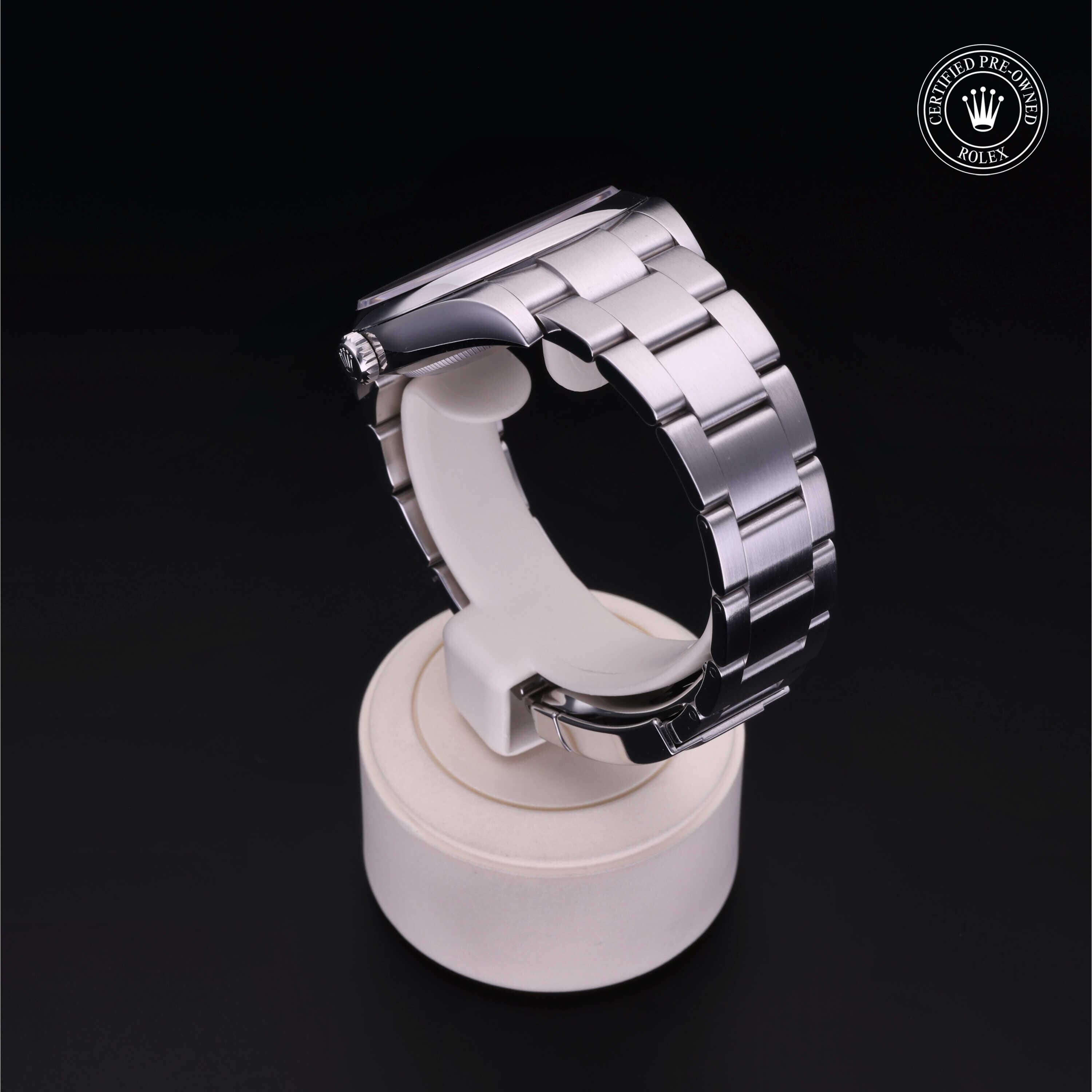 Rolex Certified Pre-owned Oyster Perpetual M114300-0002 front on black background