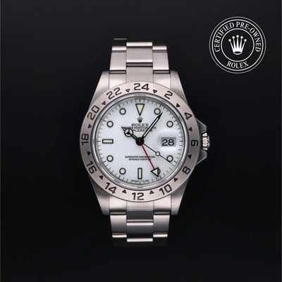 Rolex Certified Pre-owned Explorer M16570-0006 front on black background