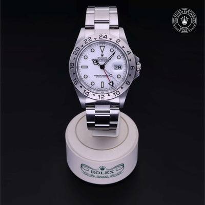 Rolex Certified Pre-owned Explorer M16570-0006 front on black background