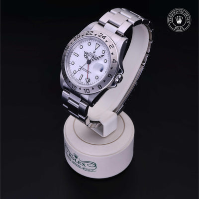 Rolex Certified Pre-owned Explorer M16570-0006 front on black background