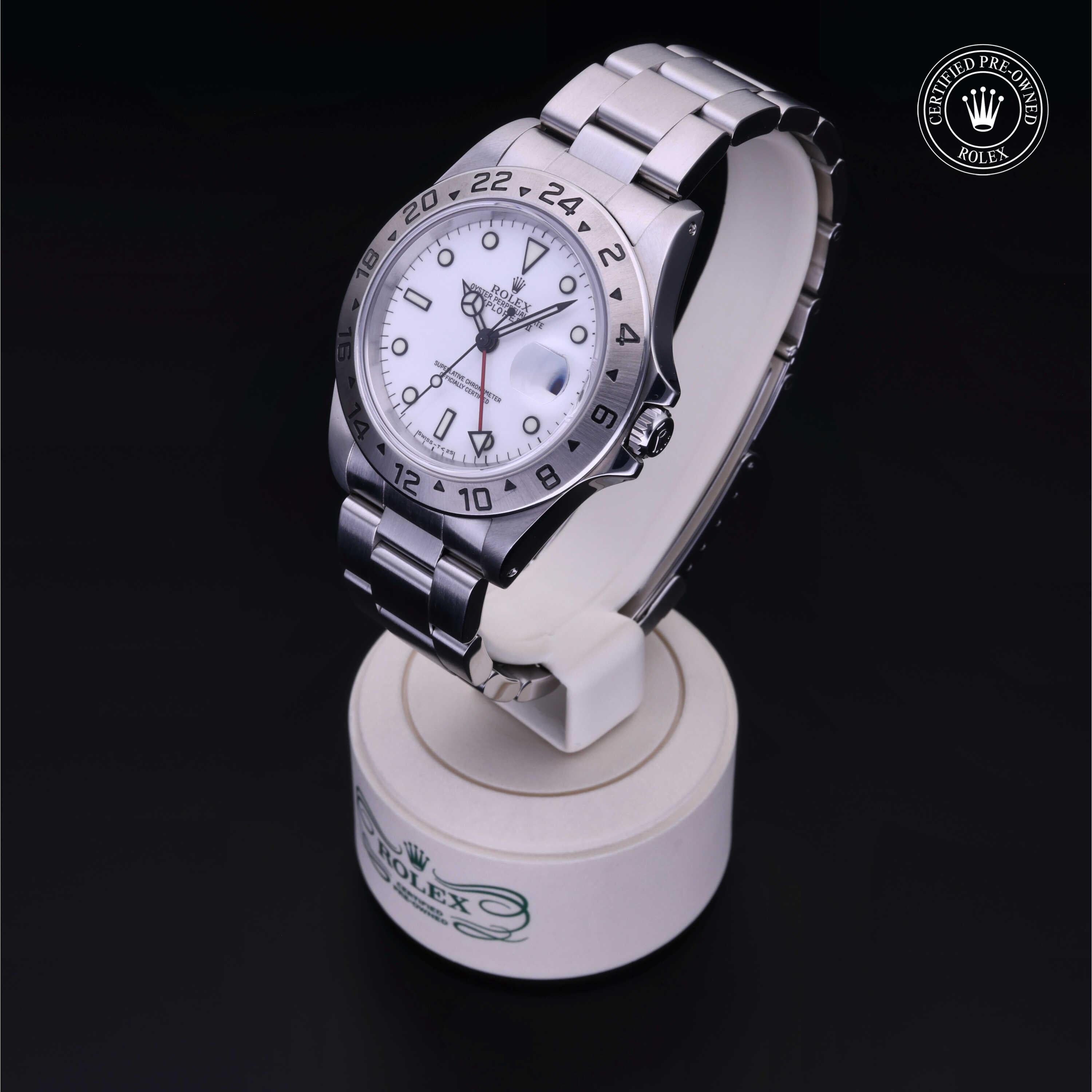Rolex Certified Pre-owned Explorer M16570-0006 front on black background