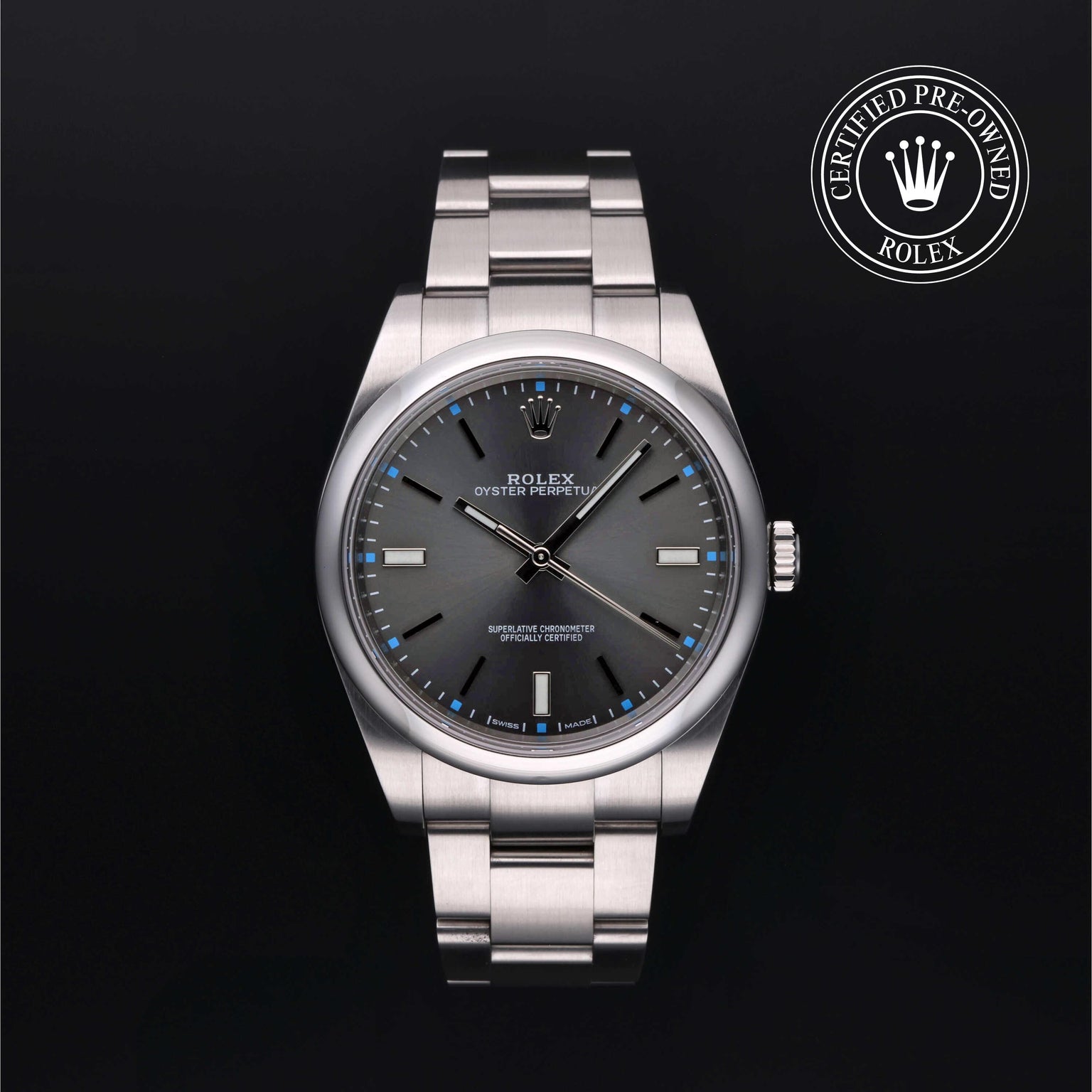Rolex Certified Pre-owned Oyster Perpetual M114300-0001 front on black background