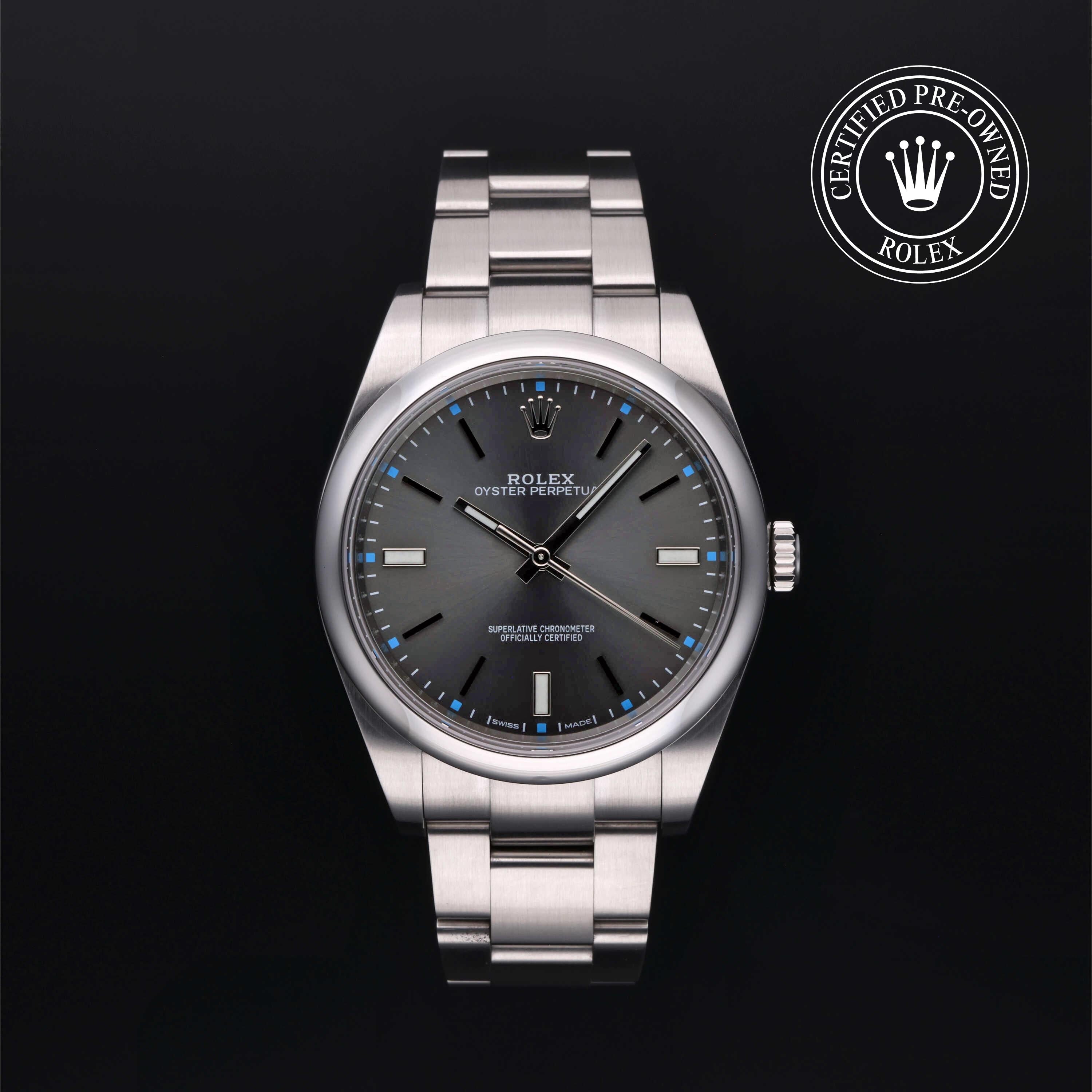 Rolex Certified Pre-owned Oyster Perpetual M114300-0001 front on black background