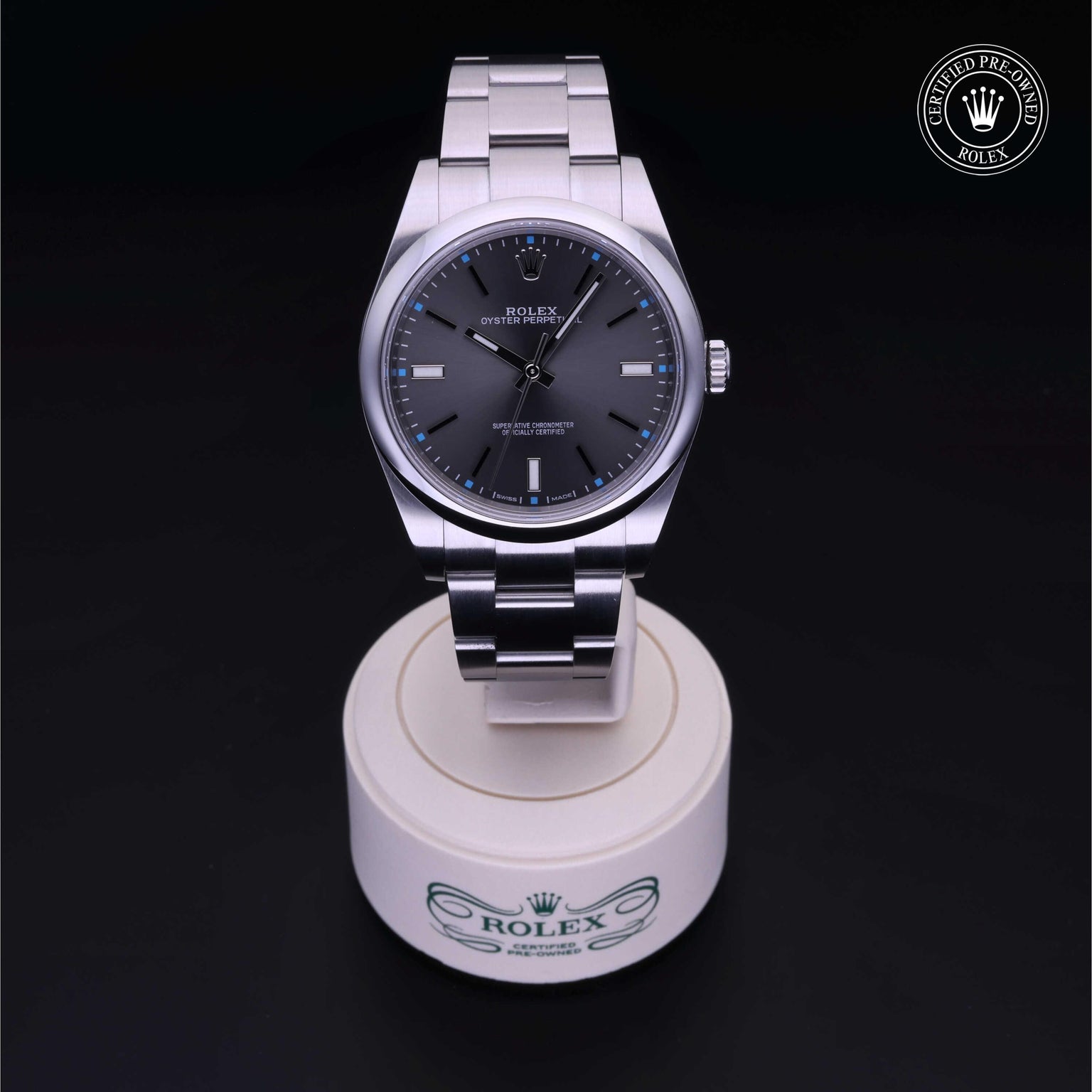 Rolex Certified Pre-owned Oyster Perpetual M114300-0001 front on black background