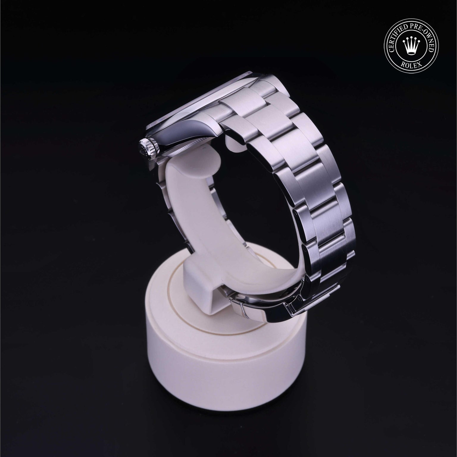 Rolex Certified Pre-owned Oyster Perpetual M114300-0001 front on black background