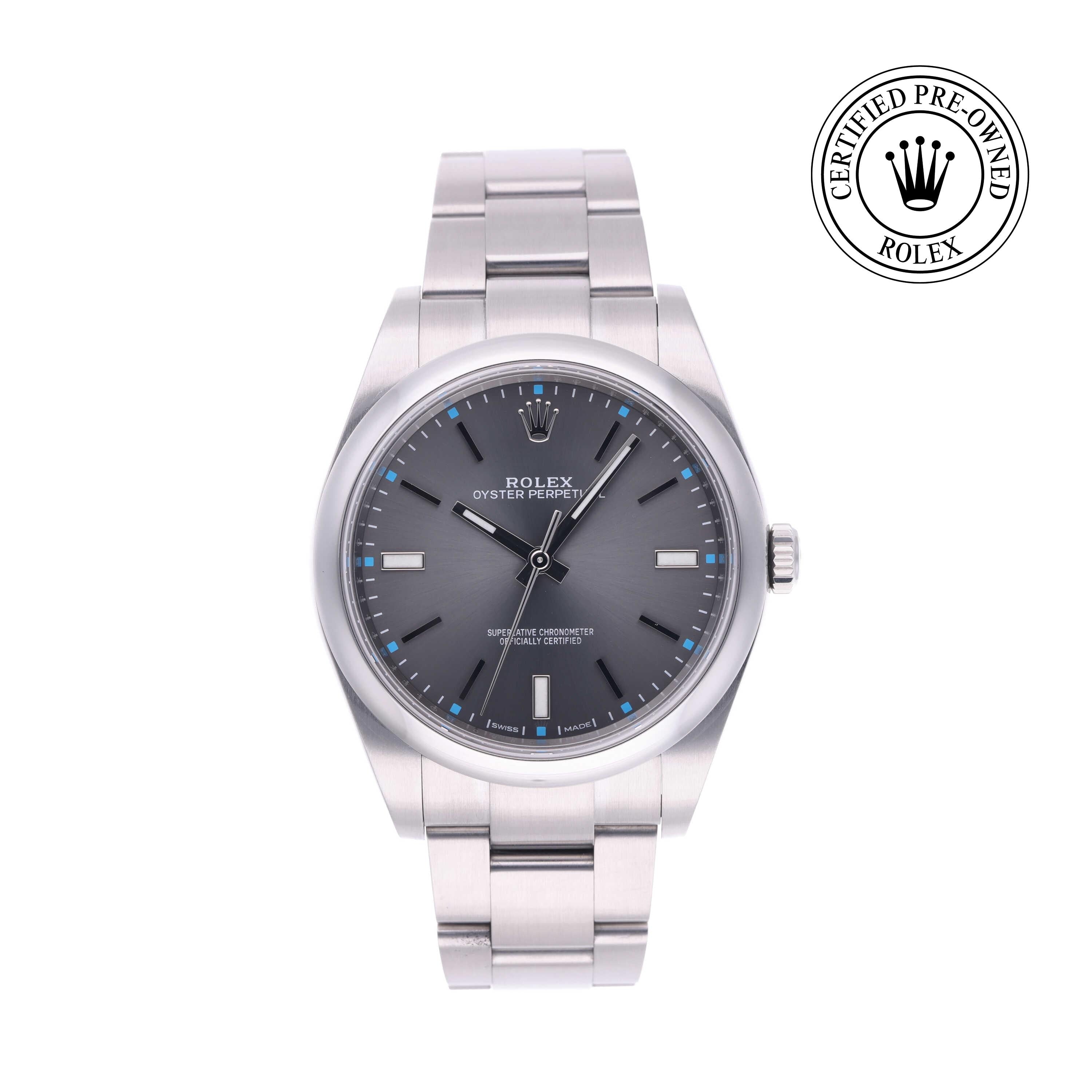 Rolex Certified Pre-owned Oyster Perpetual M114300-0001 front on white background