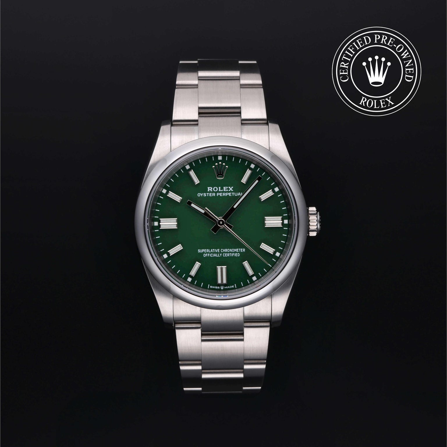 Rolex Certified Pre-owned Oyster Perpetual M126000-0005 front on black background
