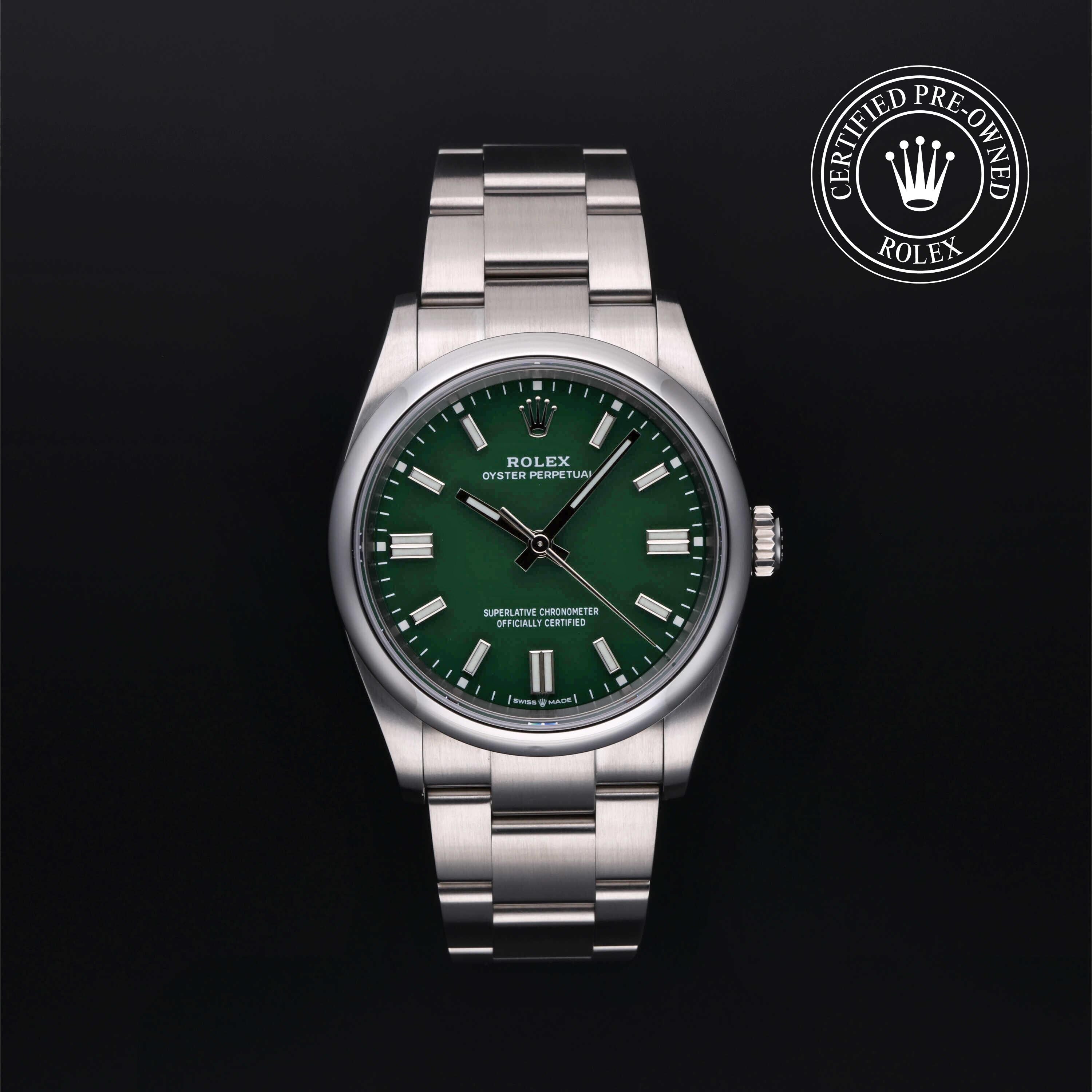 Rolex Certified Pre-owned Oyster Perpetual M126000-0005 front on black background