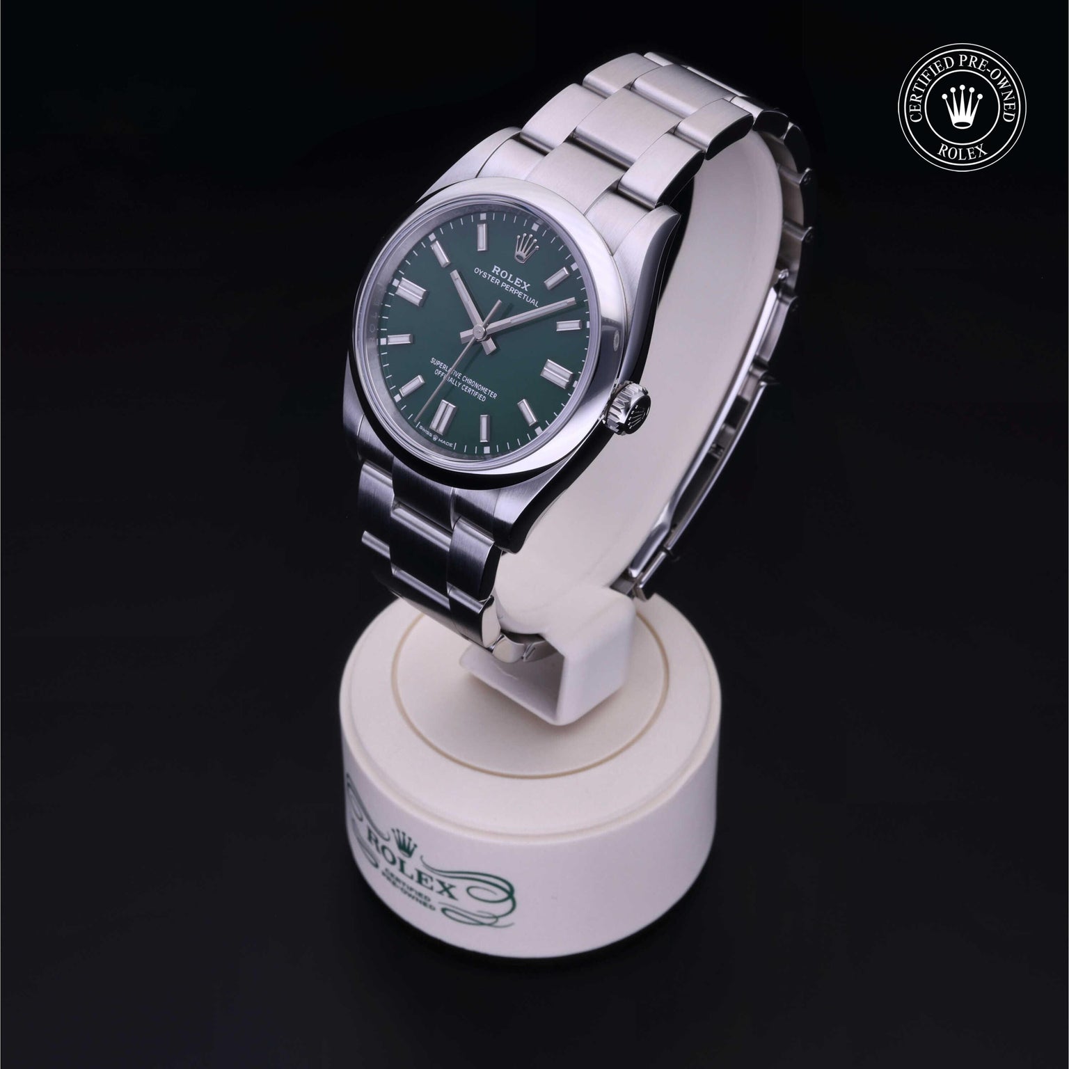 Rolex Certified Pre-owned Oyster Perpetual M126000-0005 front on black background