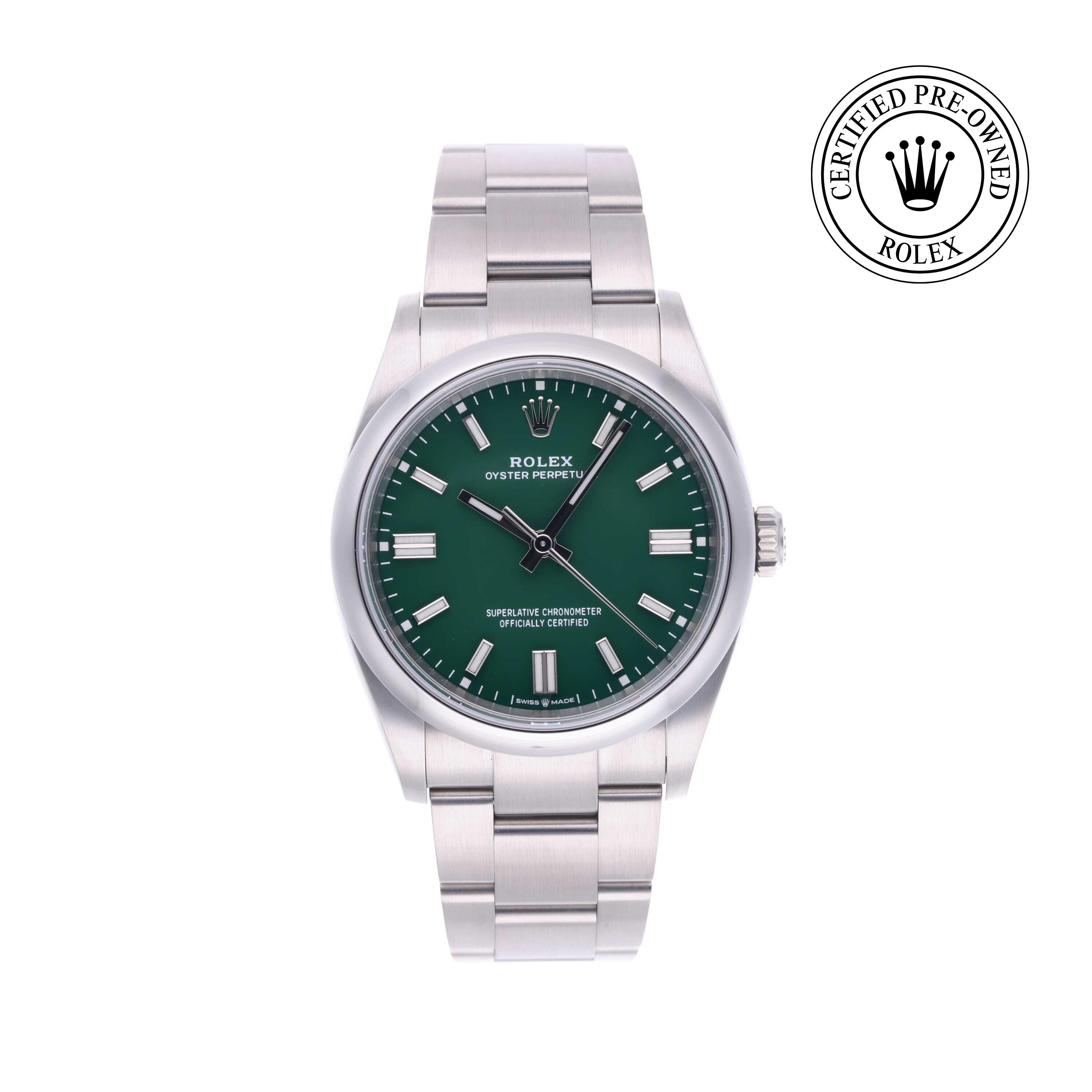 Rolex Certified Pre-owned Oyster Perpetual M126000-0005 front on white background