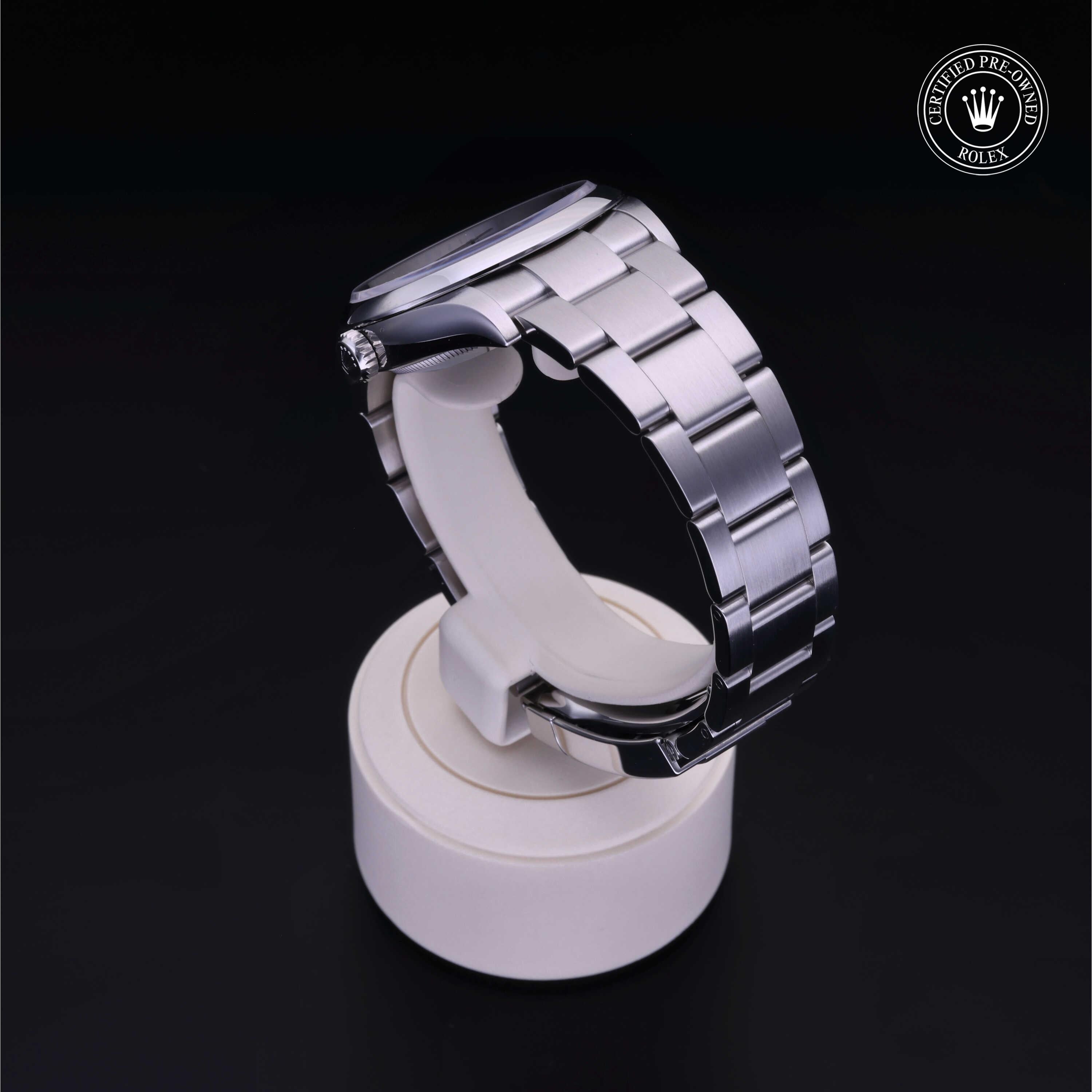 Rolex Certified Pre-owned Oyster Perpetual M126000-0005 front on black background