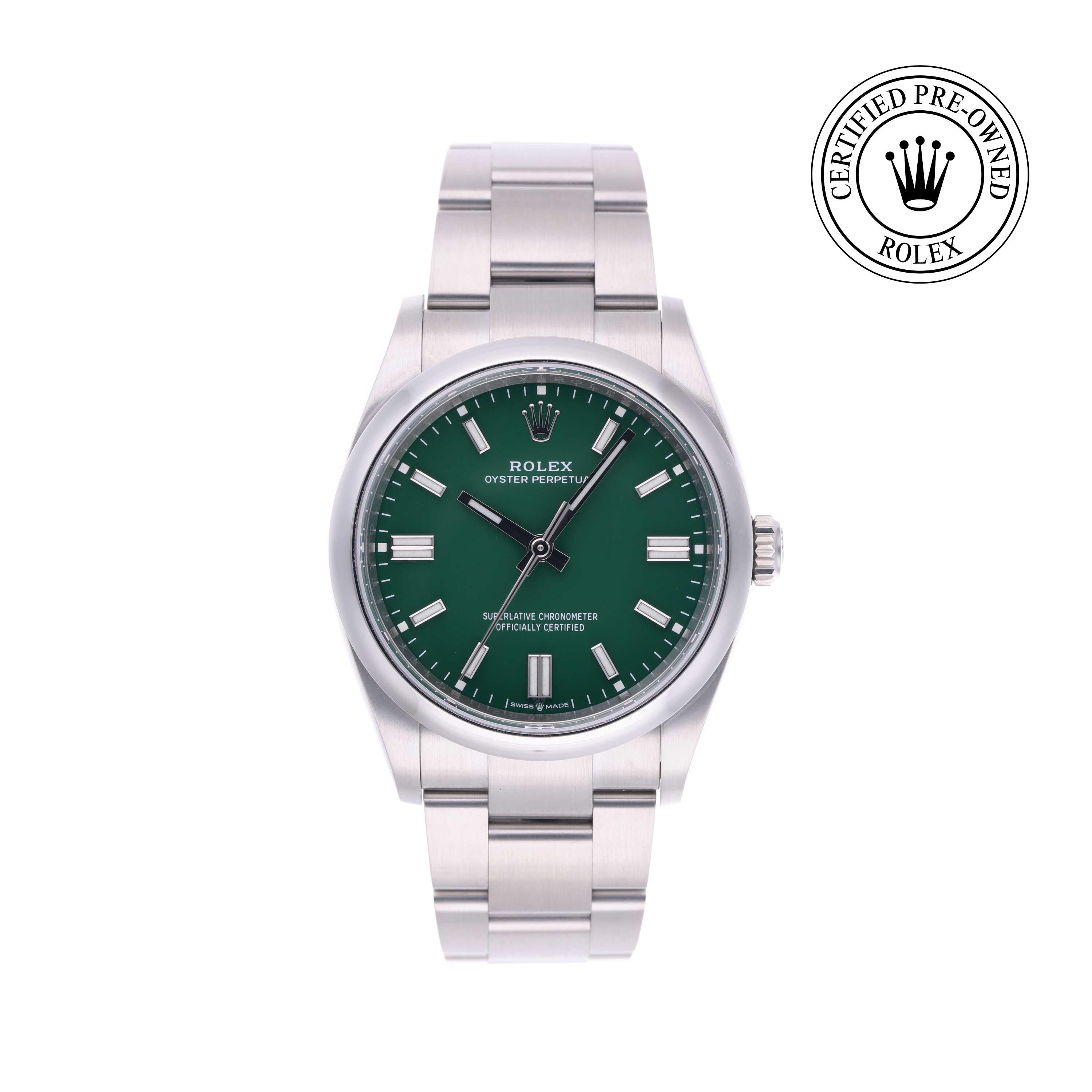 Rolex Certified Pre-owned Oyster Perpetual M126000-0005 front on white background