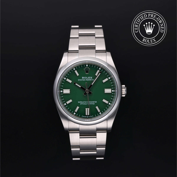 Rolex Certified Pre-owned Oyster Perpetual M126000-0005 front on black background