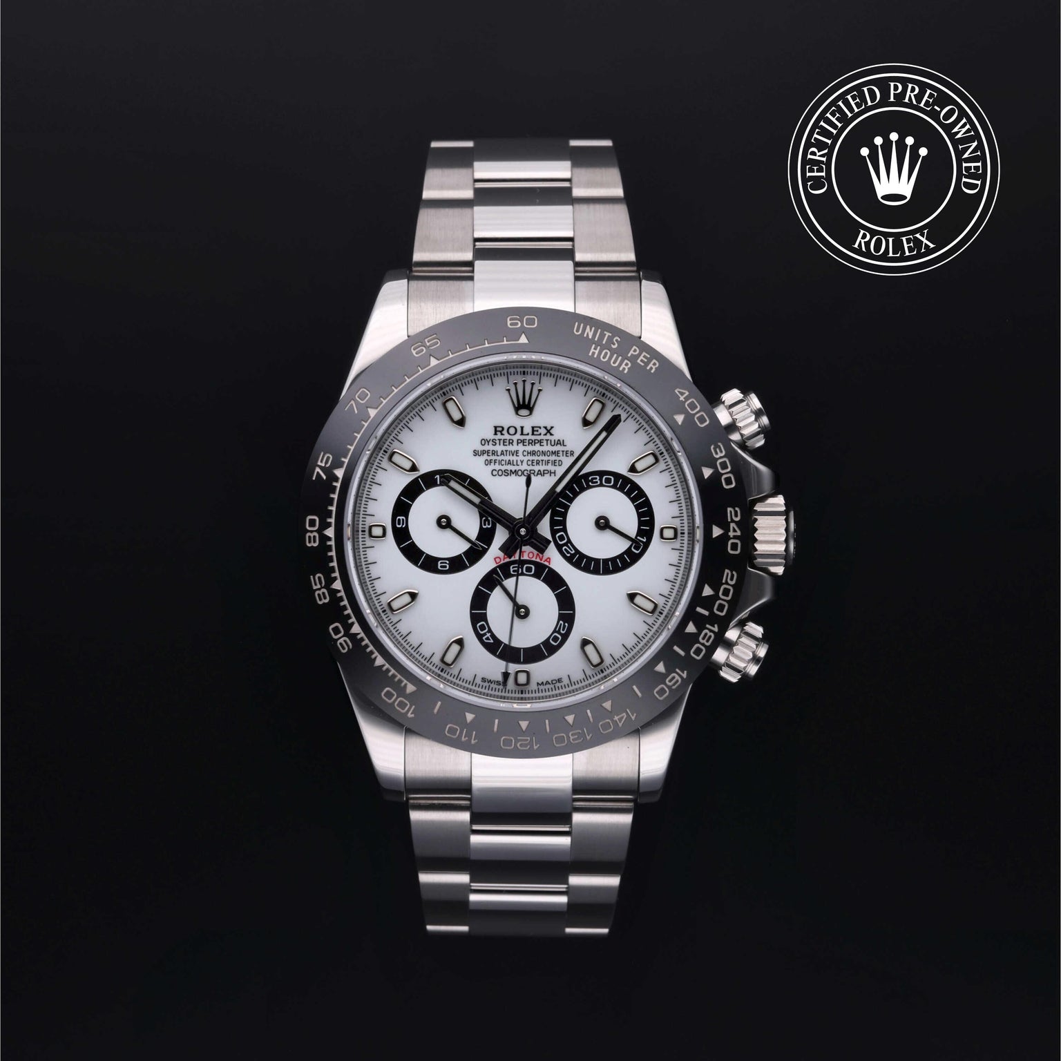 Rolex Certified Pre-owned Daytona M116500LN-0001 front on black background