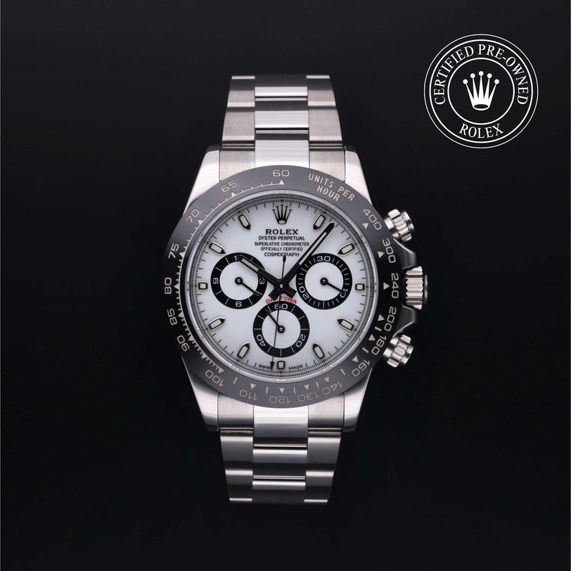 Rolex Certified Pre-owned Daytona M116500LN-0001 front on black background
