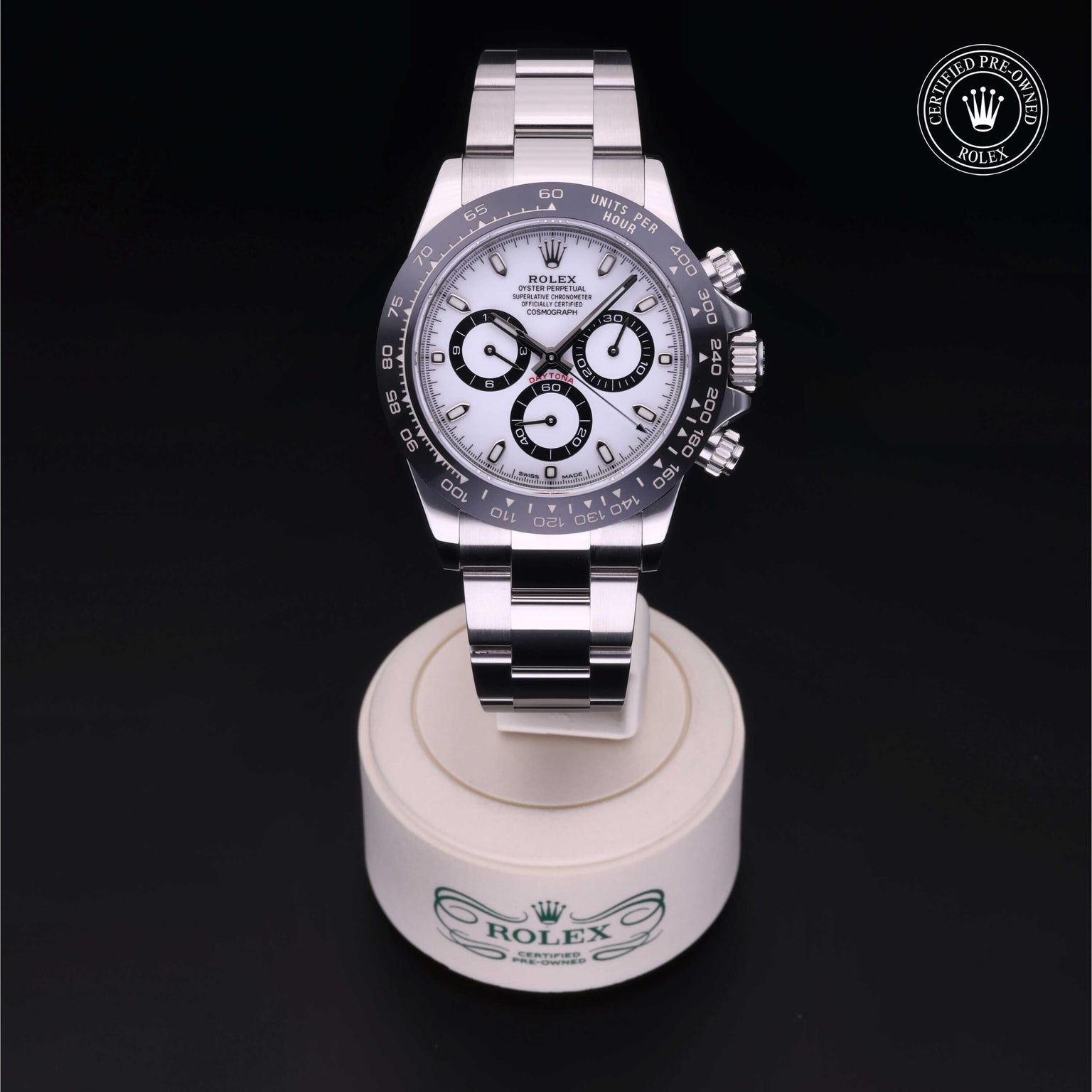 Rolex Certified Pre-owned Daytona M116500LN-0001 front on black background