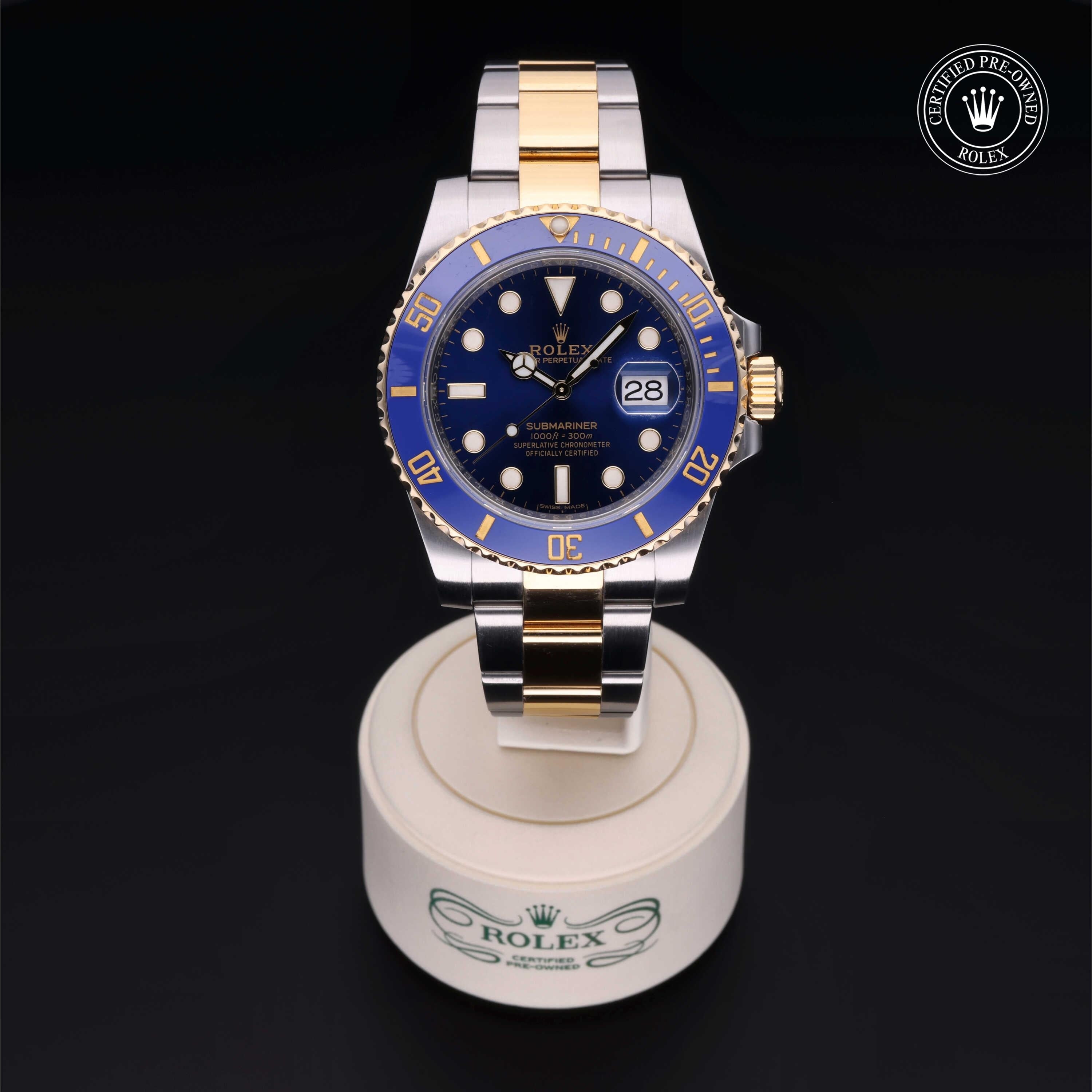 Rolex Certified Pre-owned Submariner M116613LB-0005 front on black background