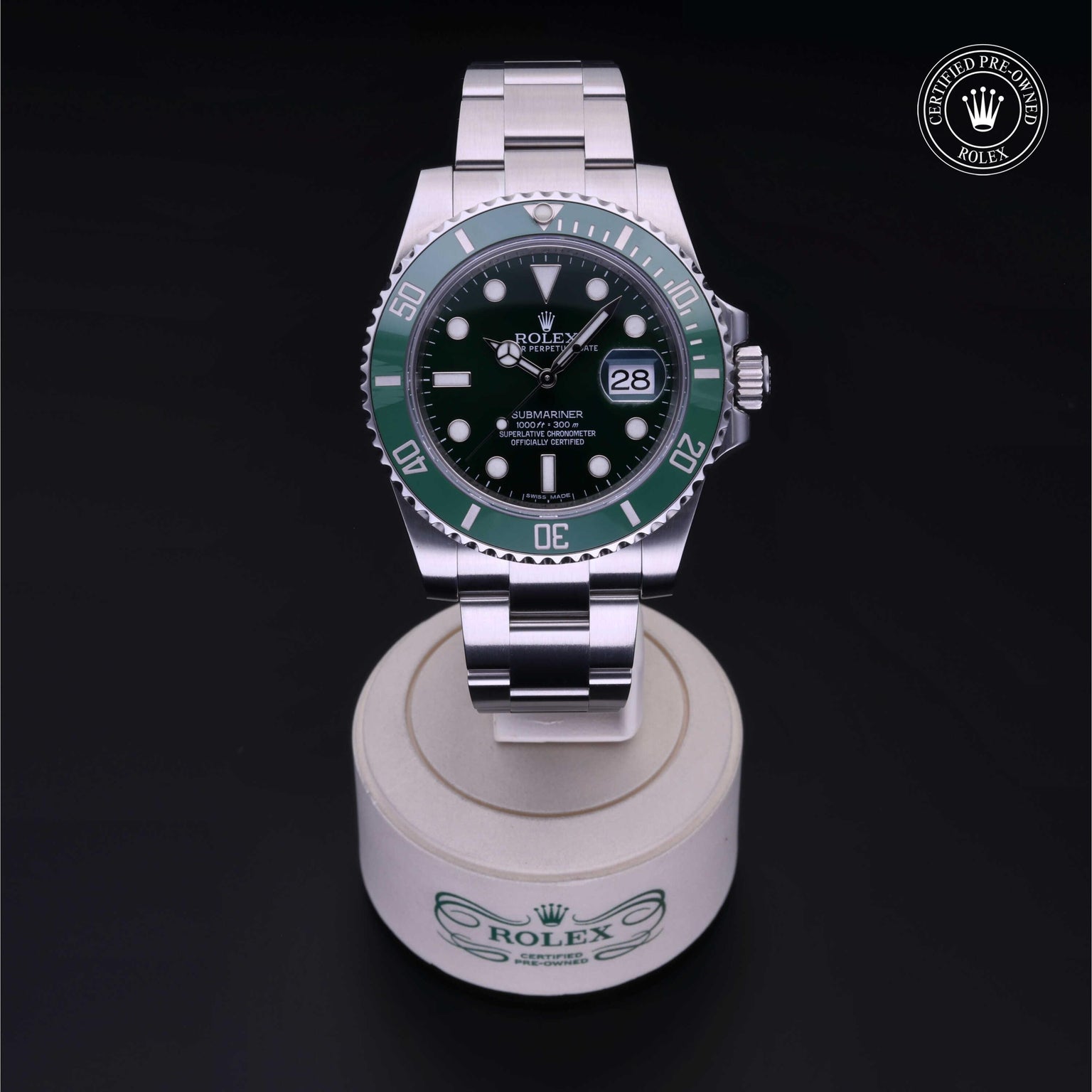 Rolex Certified Pre-owned Submariner M116610LV-0002 front on black background