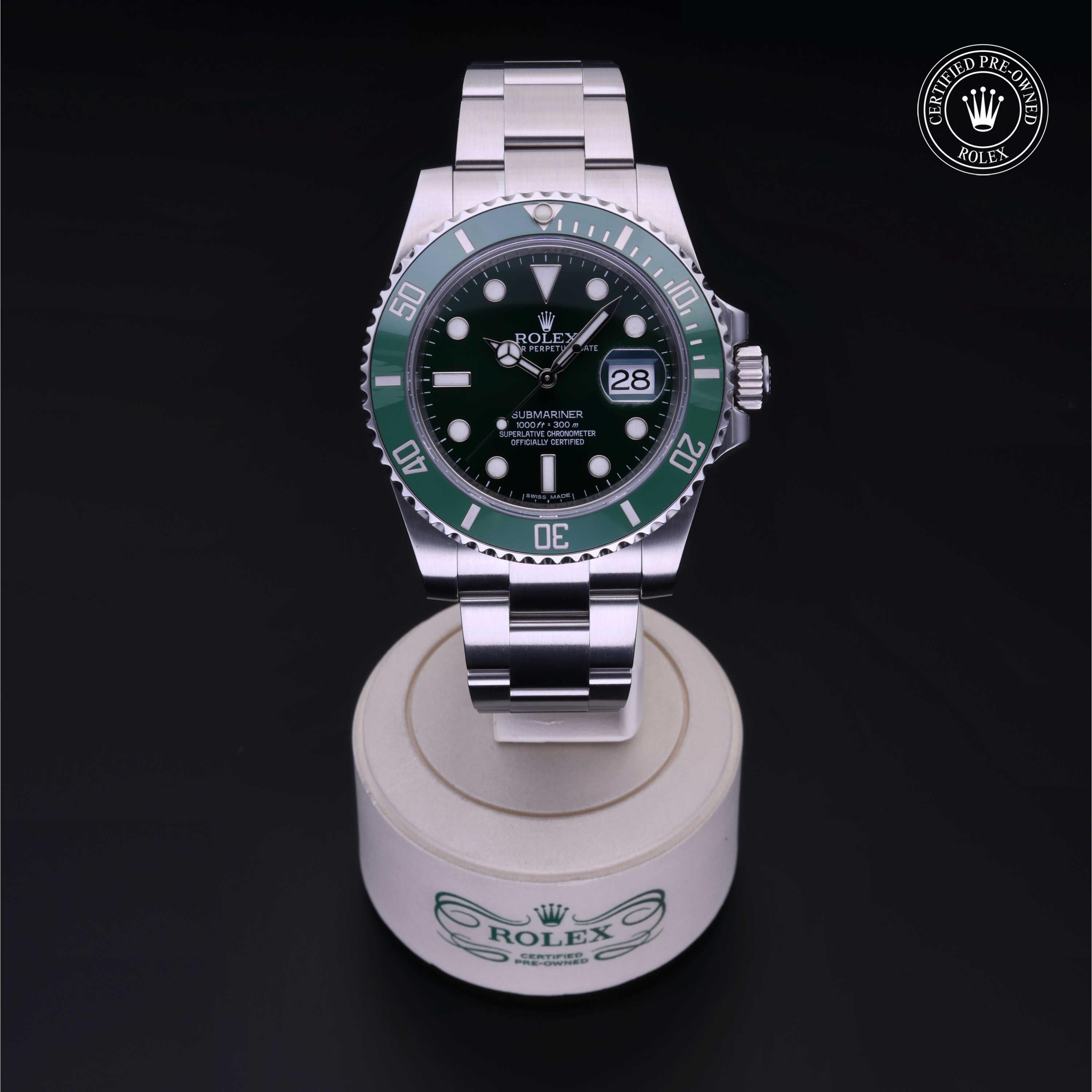 Rolex Certified Pre-owned Submariner M116610LV-0002 front on black background