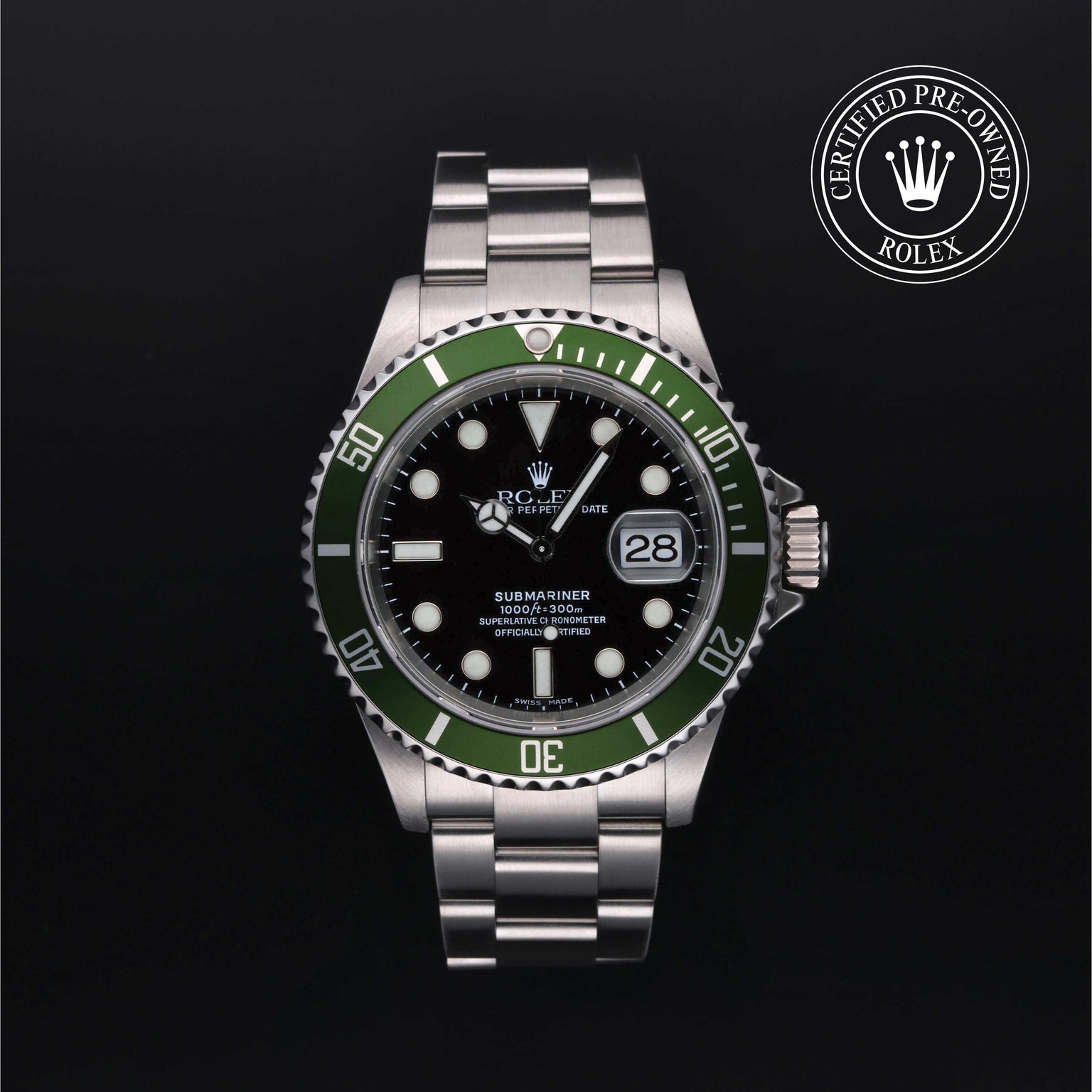 Rolex Certified Pre-owned Submariner M16610LV-0002 front on black background