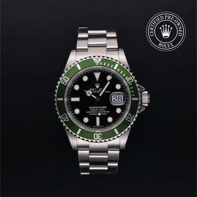 Rolex Certified Pre-owned Submariner M16610LV-0002 front on black background