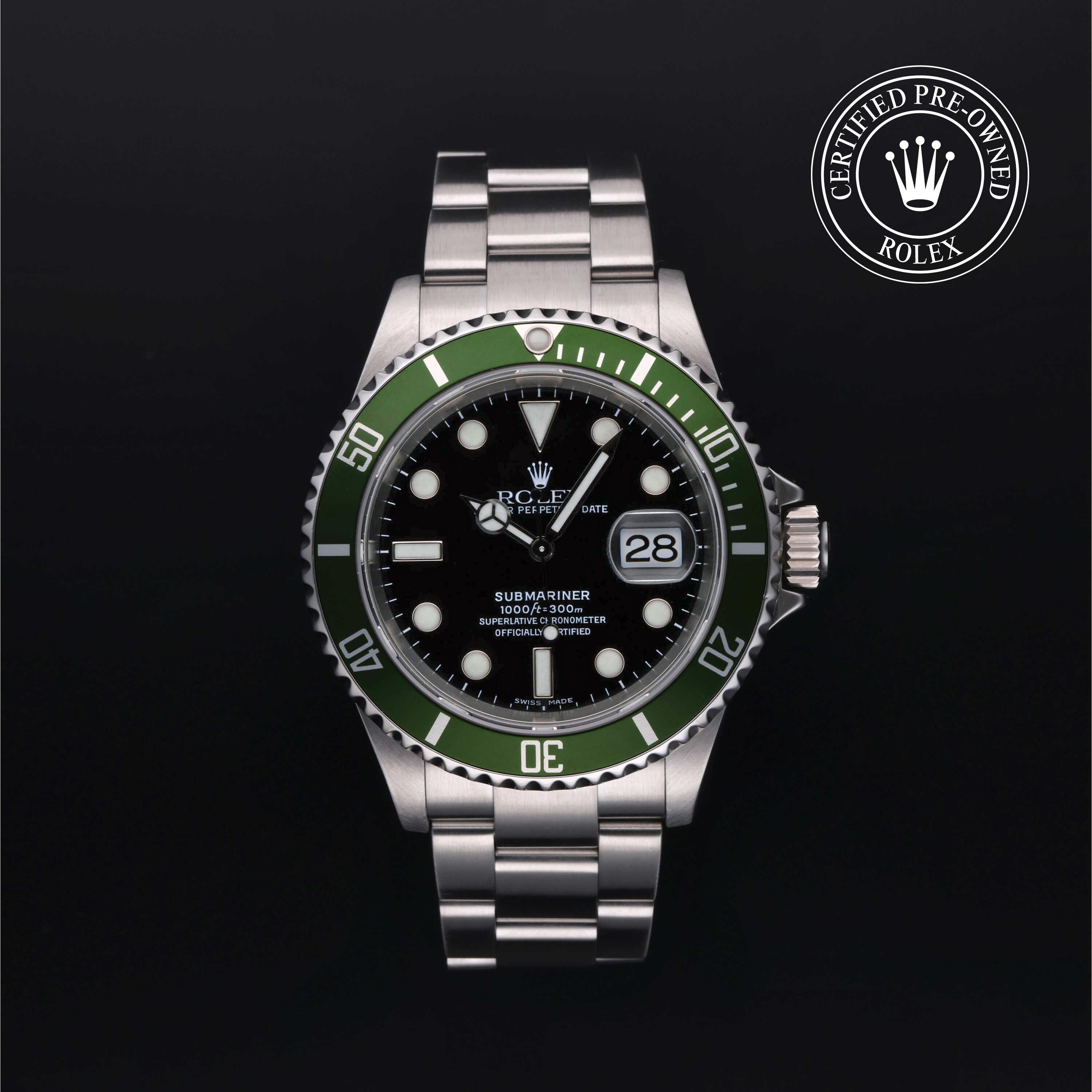 Rolex Certified Pre-owned Submariner M16610LV-0002 front on black background