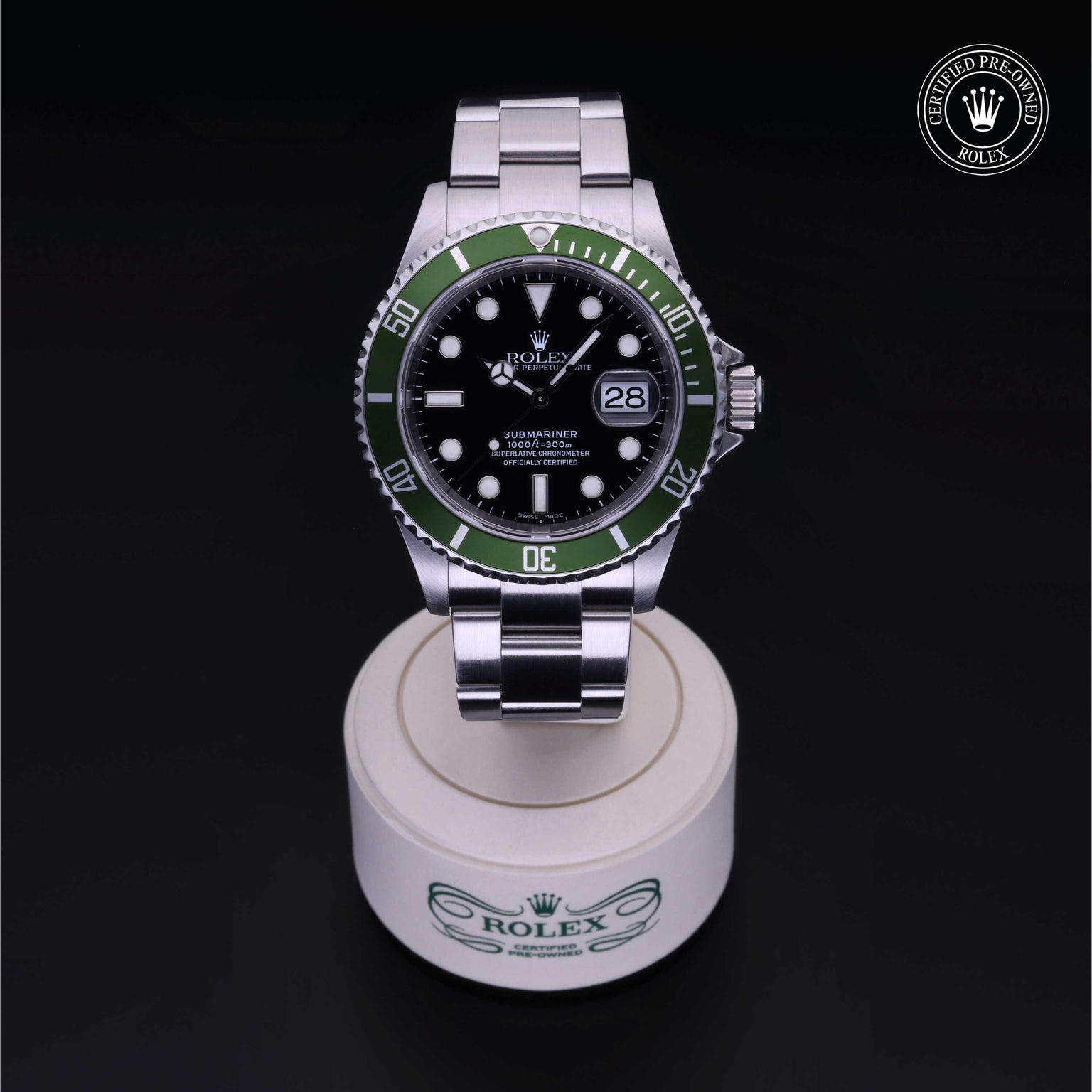 Rolex Certified Pre-owned Submariner M16610LV-0002 front on black background