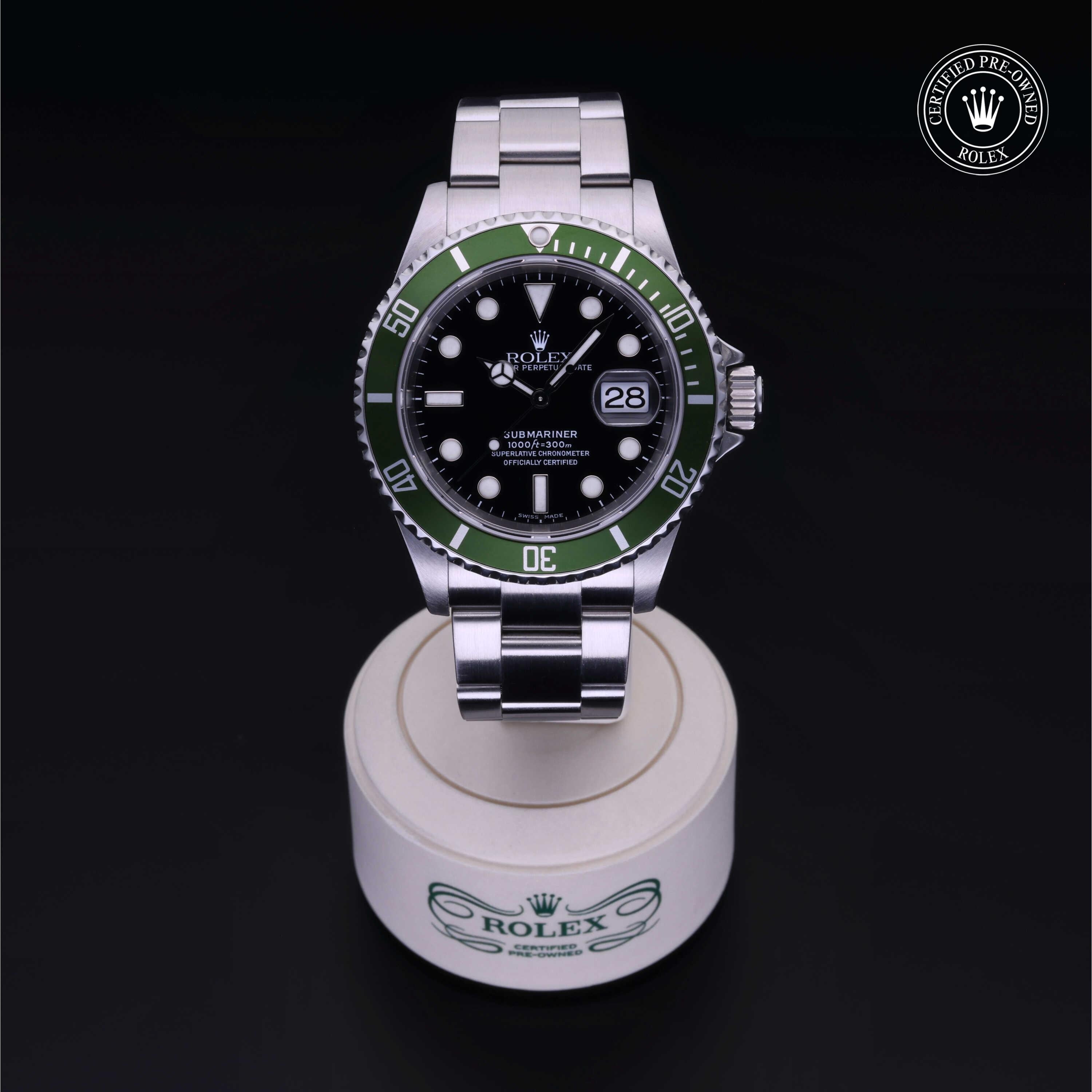 Rolex Certified Pre-owned Submariner M16610LV-0002 front on black background