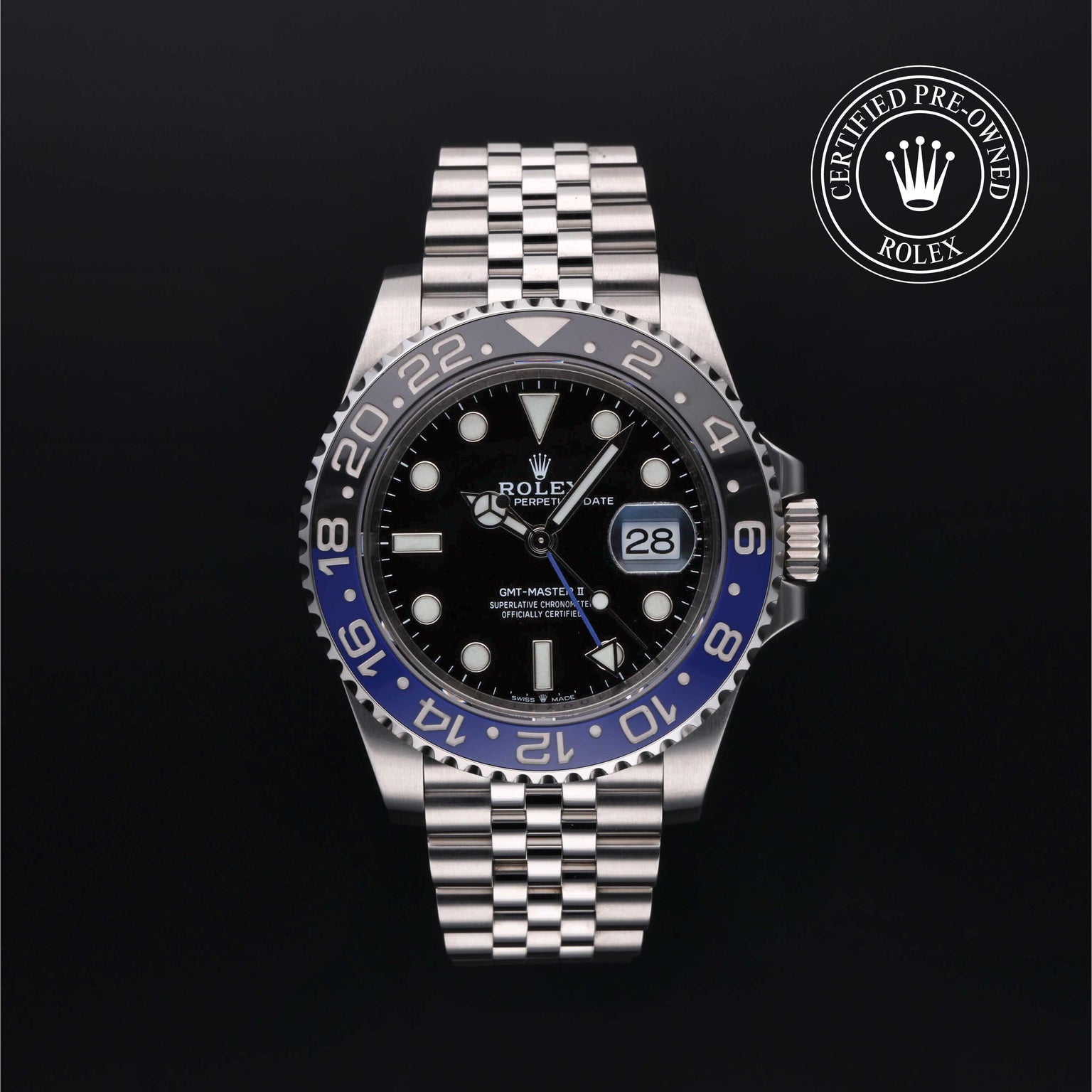 Rolex Certified Pre-owned GMT M126710BLNR-0002 front on black background