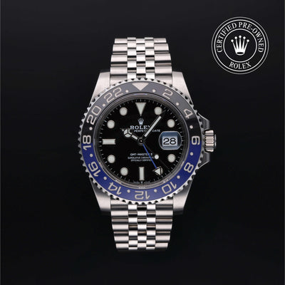 Rolex Certified Pre-owned GMT M126710BLNR-0002 front on black background