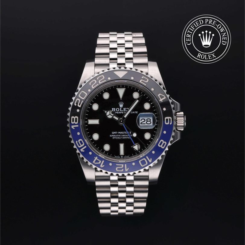 Rolex Certified Pre-owned GMT M126710BLNR-0002 front on black background