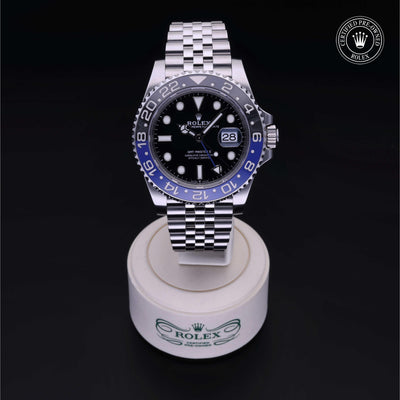 Rolex Certified Pre-owned GMT M126710BLNR-0002 front on black background