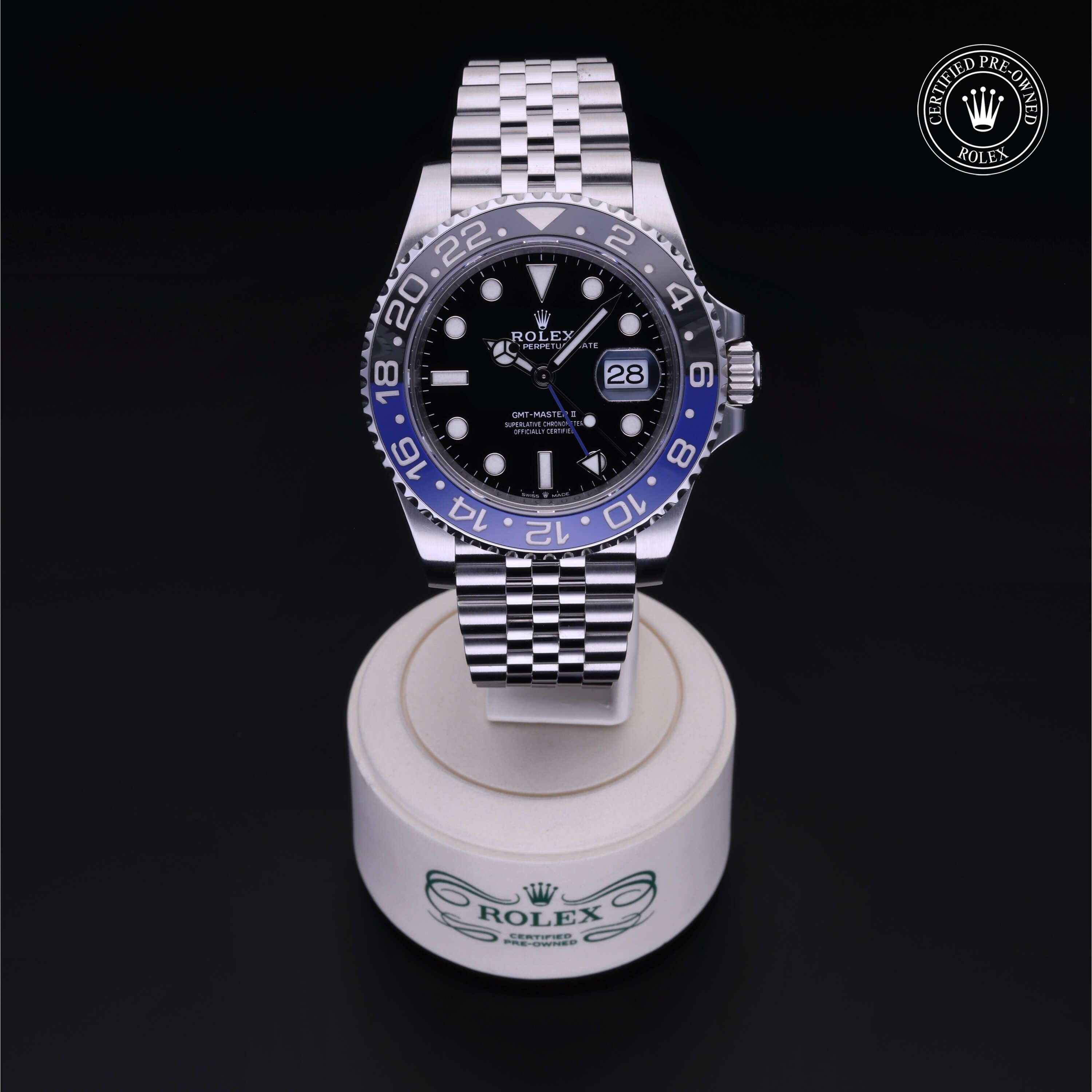 Rolex Certified Pre-owned GMT M126710BLNR-0002 front on black background