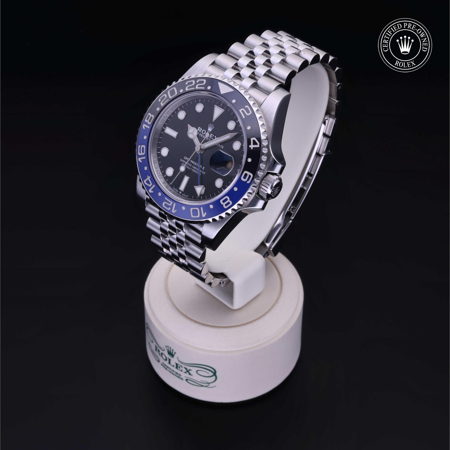 Rolex Certified Pre-owned GMT M126710BLNR-0002 front on black background