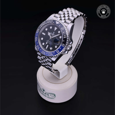 Rolex Certified Pre-owned GMT M126710BLNR-0002 front on black background