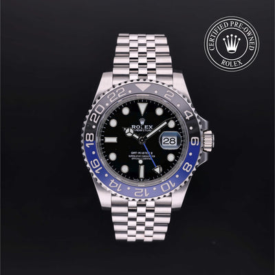 Rolex Certified Pre-owned GMT M126710BLNR-0002 front on black background