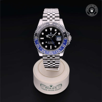Rolex Certified Pre-owned GMT M126710BLNR-0002 front on black background