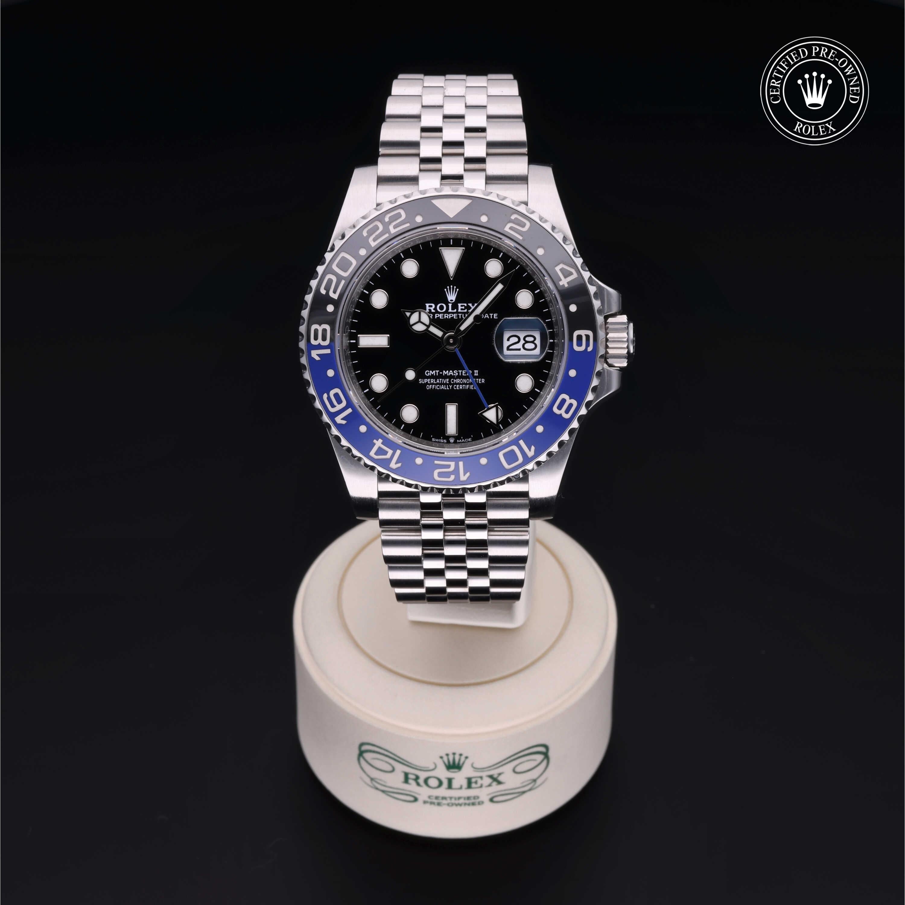 Rolex Certified Pre-owned GMT M126710BLNR-0002 front on black background