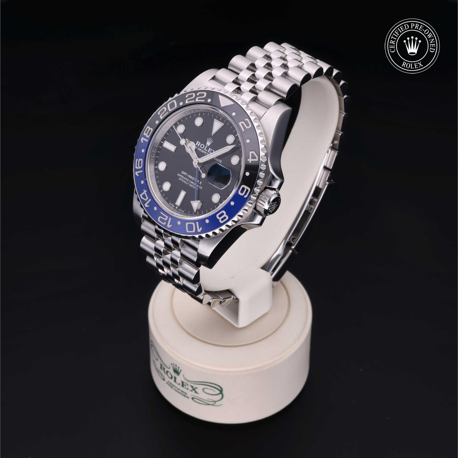 Rolex Certified Pre-owned GMT M126710BLNR-0002 front on black background