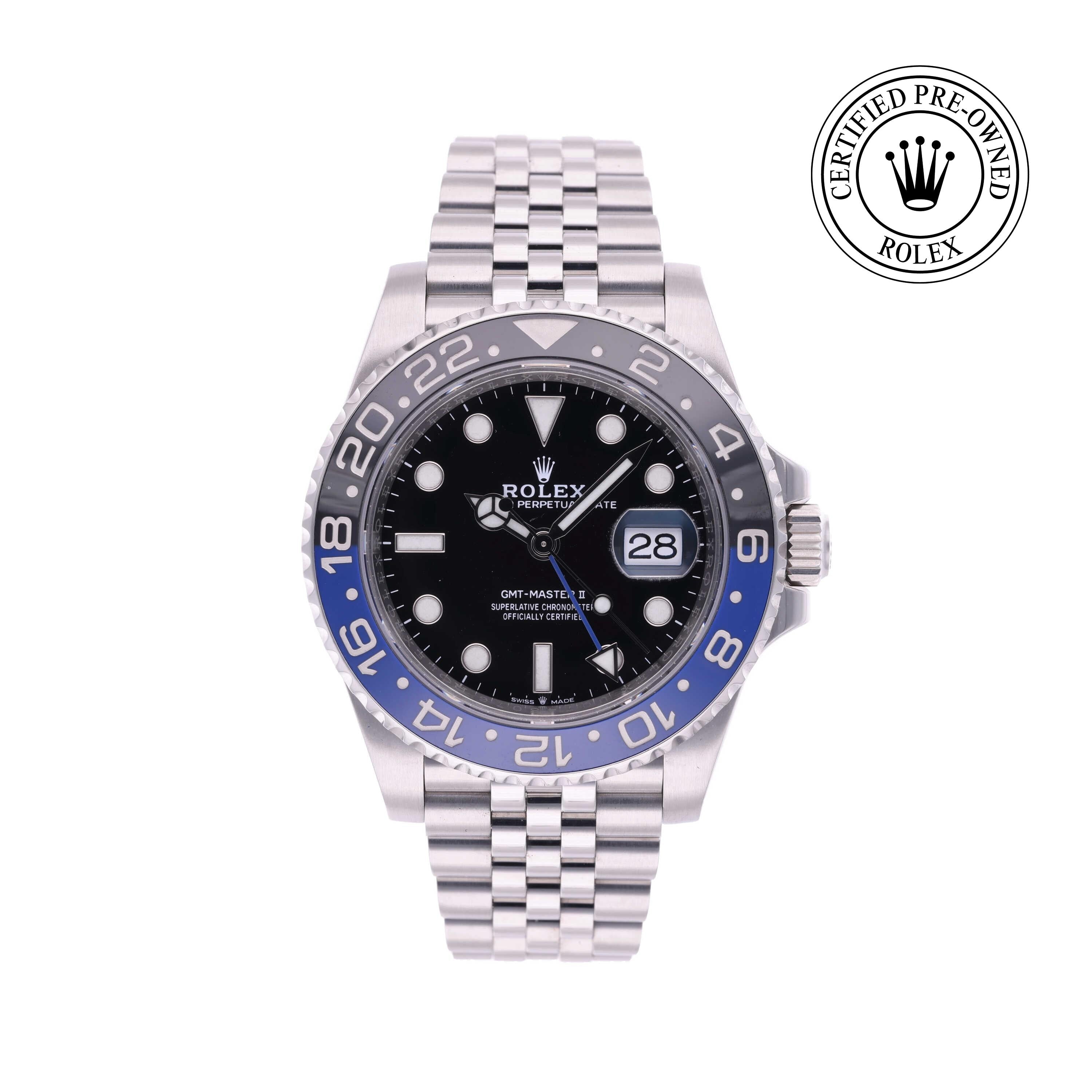 Rolex Certified Pre-owned GMT M126710BLNR-0002 front on white background