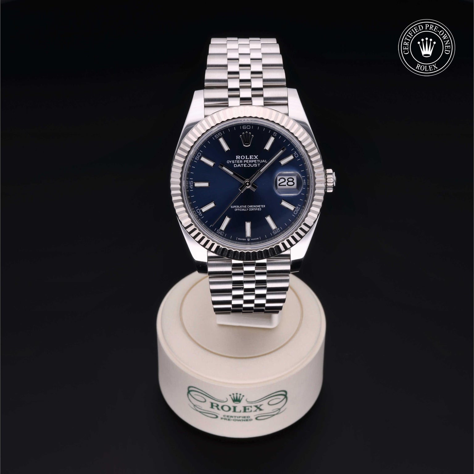 Rolex Certified Pre-owned Datejust M126334-0002 front on black background