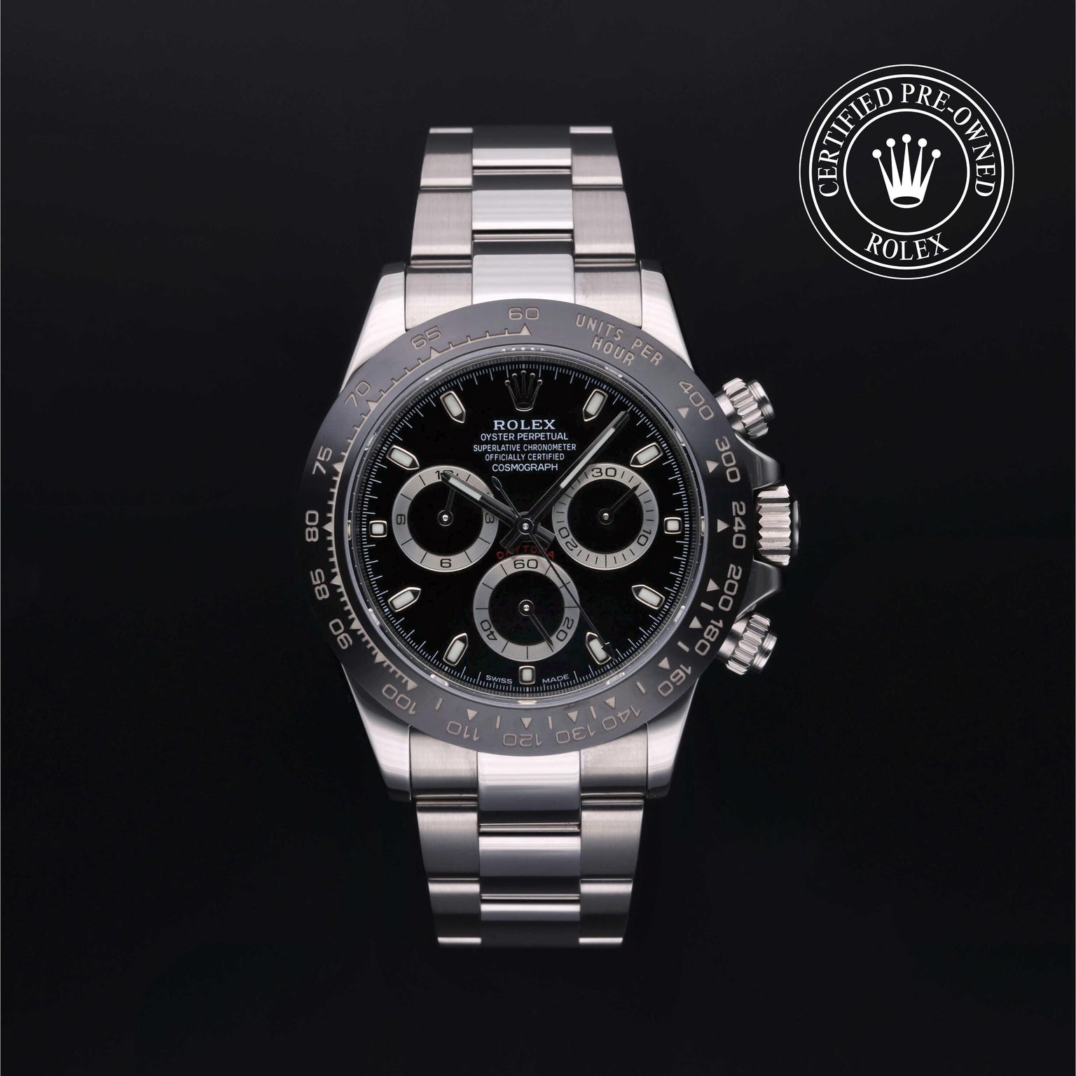 Rolex Certified Pre-owned Daytona M116500LN-0002 front on black background
