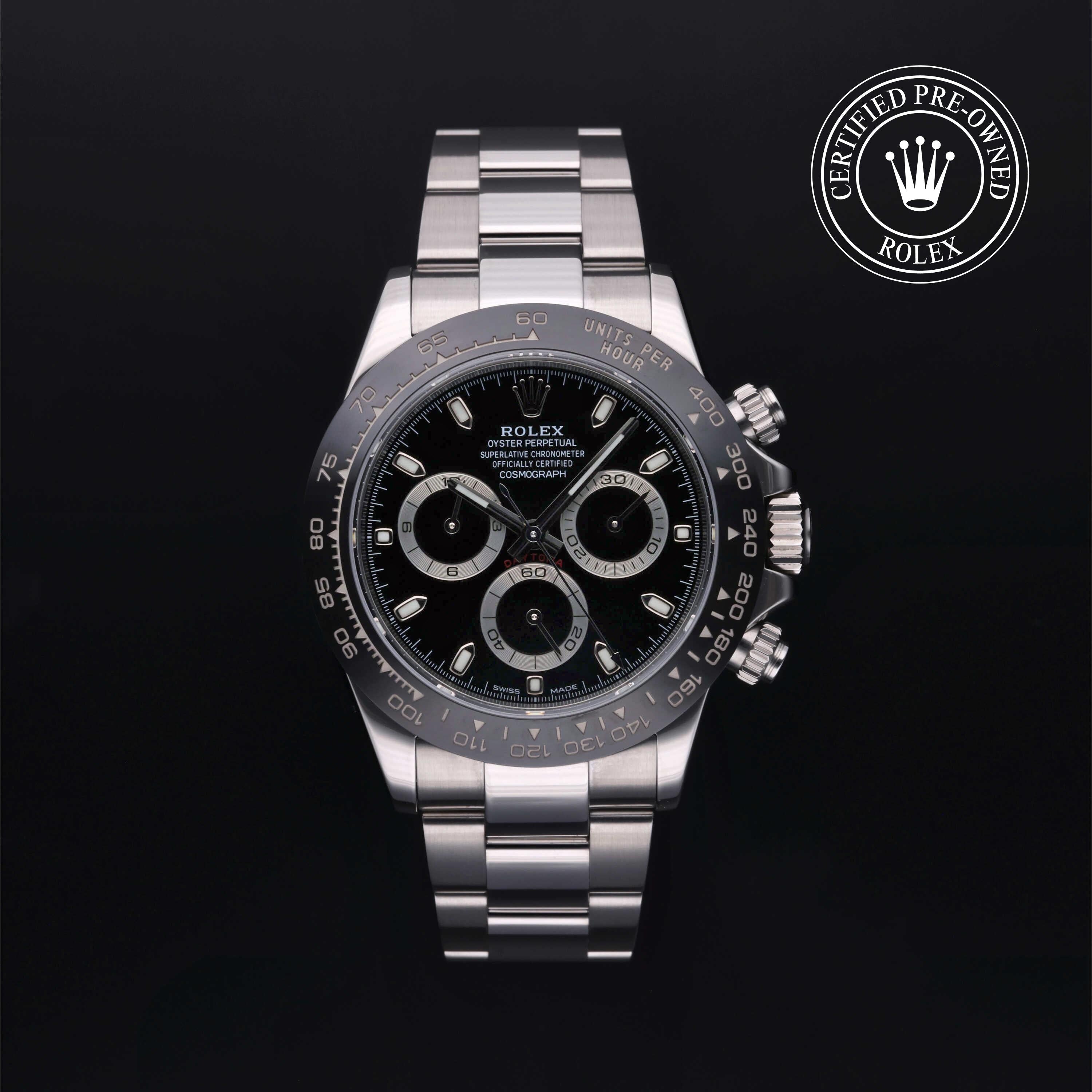 Rolex Certified Pre-owned Daytona M116500LN-0002 front on black background