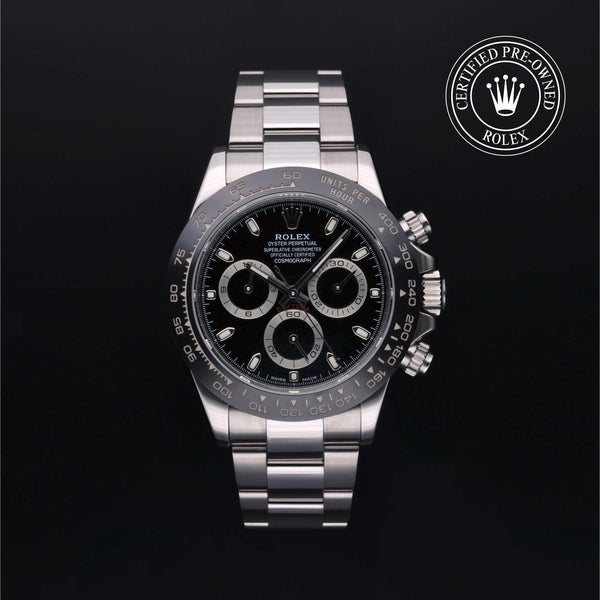 Rolex Certified Pre-owned Daytona M116500LN-0002 front on black background
