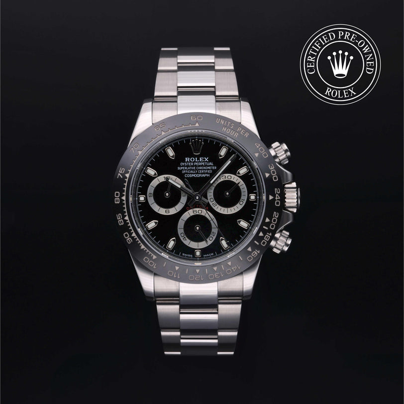 Rolex Certified Pre-owned Daytona M116500LN-0002 front on black background