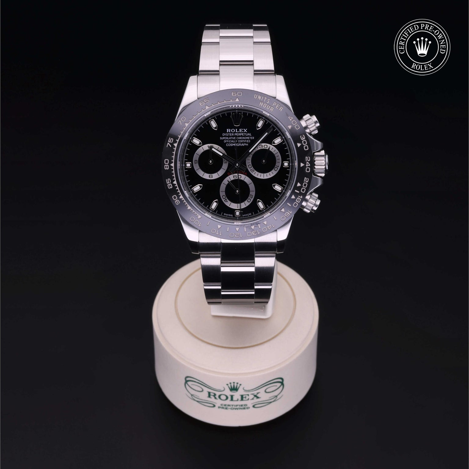 Rolex Certified Pre-owned Daytona M116500LN-0002 front on black background