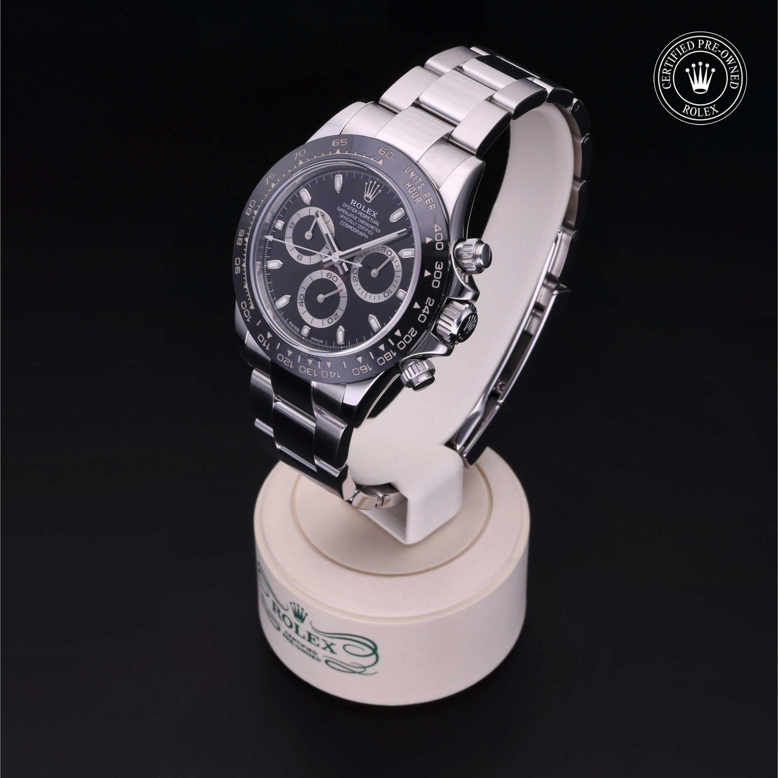 Rolex Certified Pre-owned Daytona M116500LN-0002 front on black background