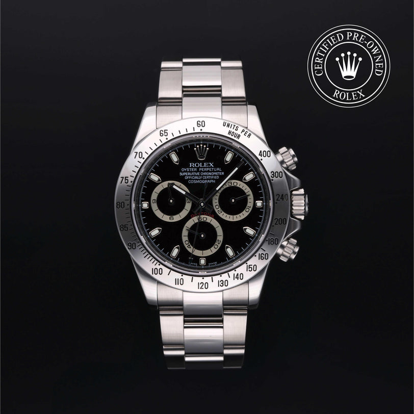Rolex Certified Pre-owned Daytona M116520-0011 front on black background